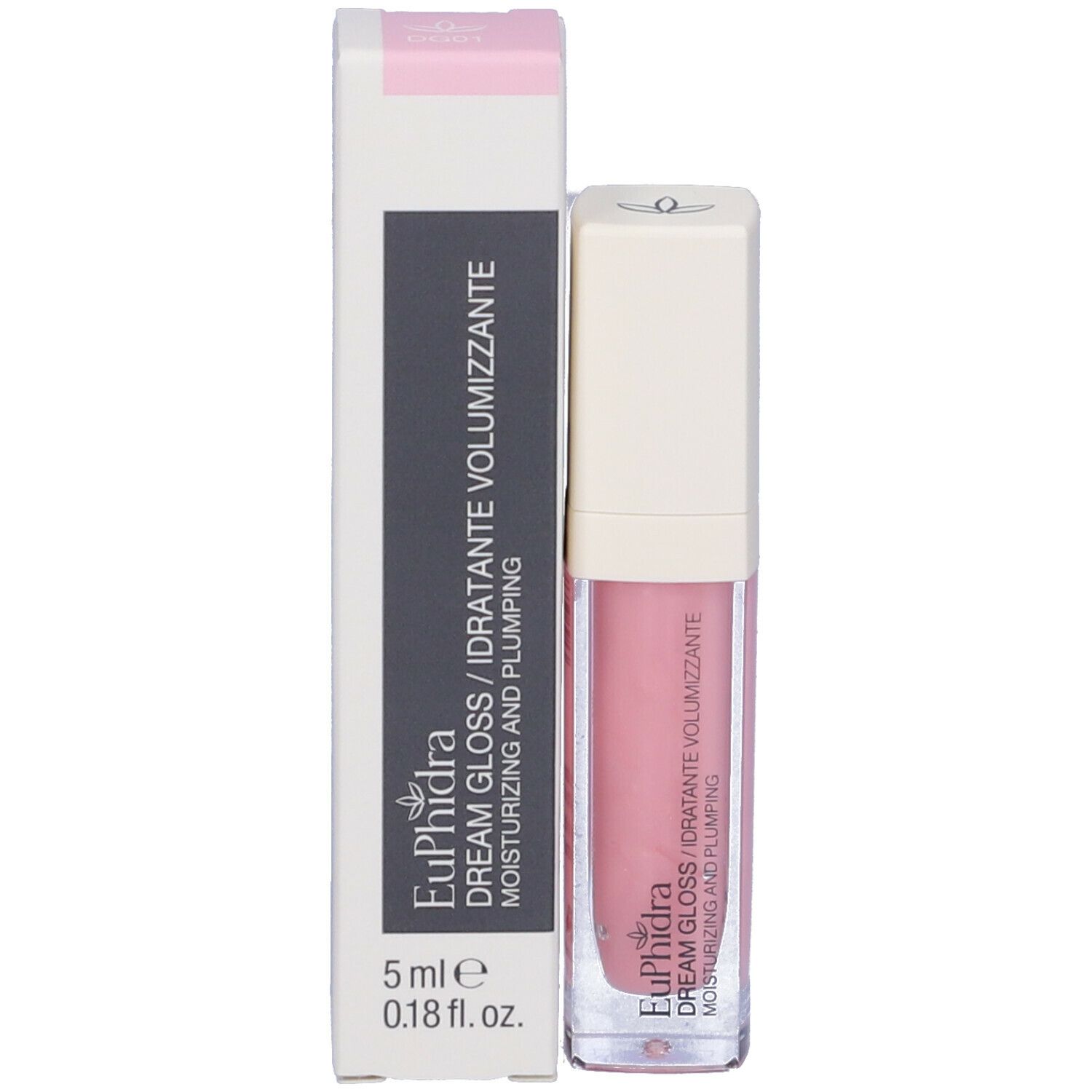 Lucidalabbra rosa con confezione. Scritta: Dream Gloss, idratante. Flacone e confezione affiancati.