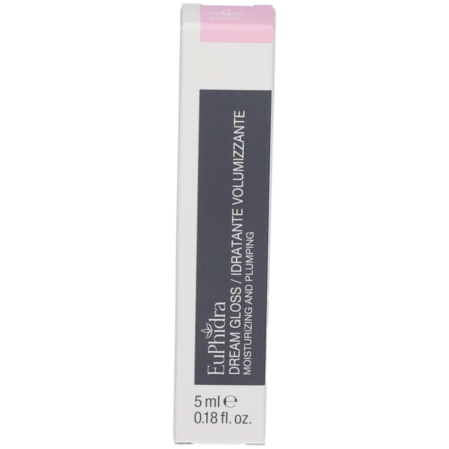 Confezione bianca stretta con accento rosa. Scritta: Dream Gloss, idratante. Contenuto: 5 ml.