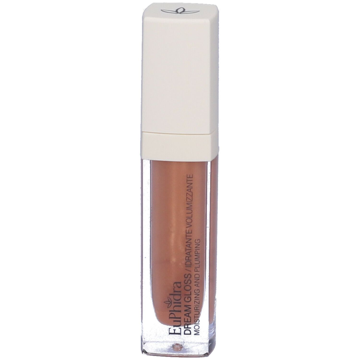 Confezione di lucidalabbra trasparente con tappo bianco. Scritta: Euphidra Dream Gloss, idratante e volumizzante.