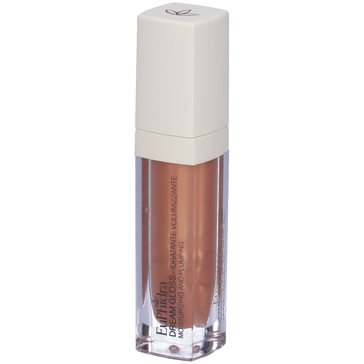 Confezione di lucidalabbra trasparente con tappo bianco. Scritta: Euphidra Dream Gloss, idratante e volumizzante.