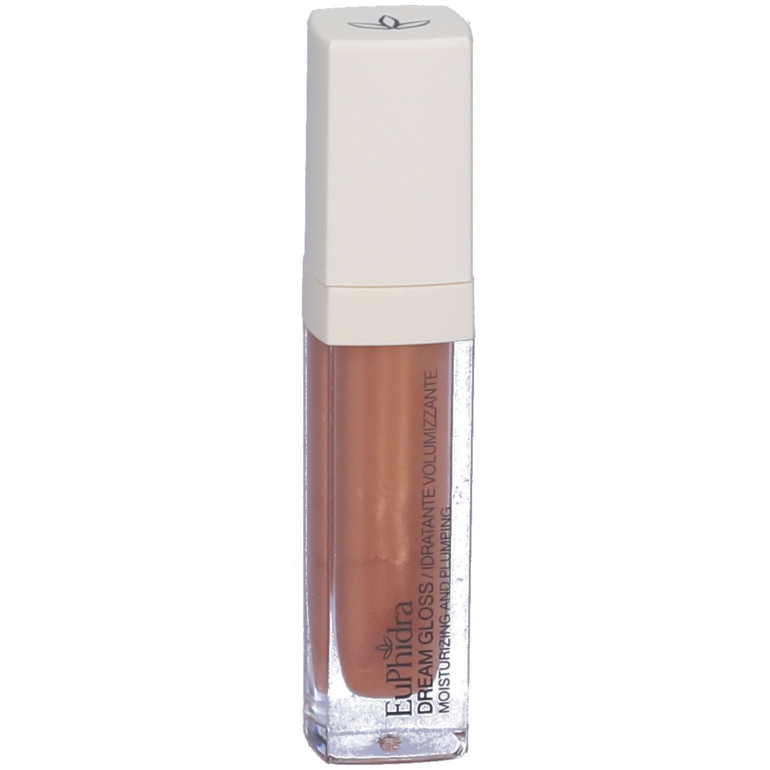 Confezione di lucidalabbra trasparente con tappo bianco. Scritta: Euphidra Dream Gloss, idratante e volumizzante.
