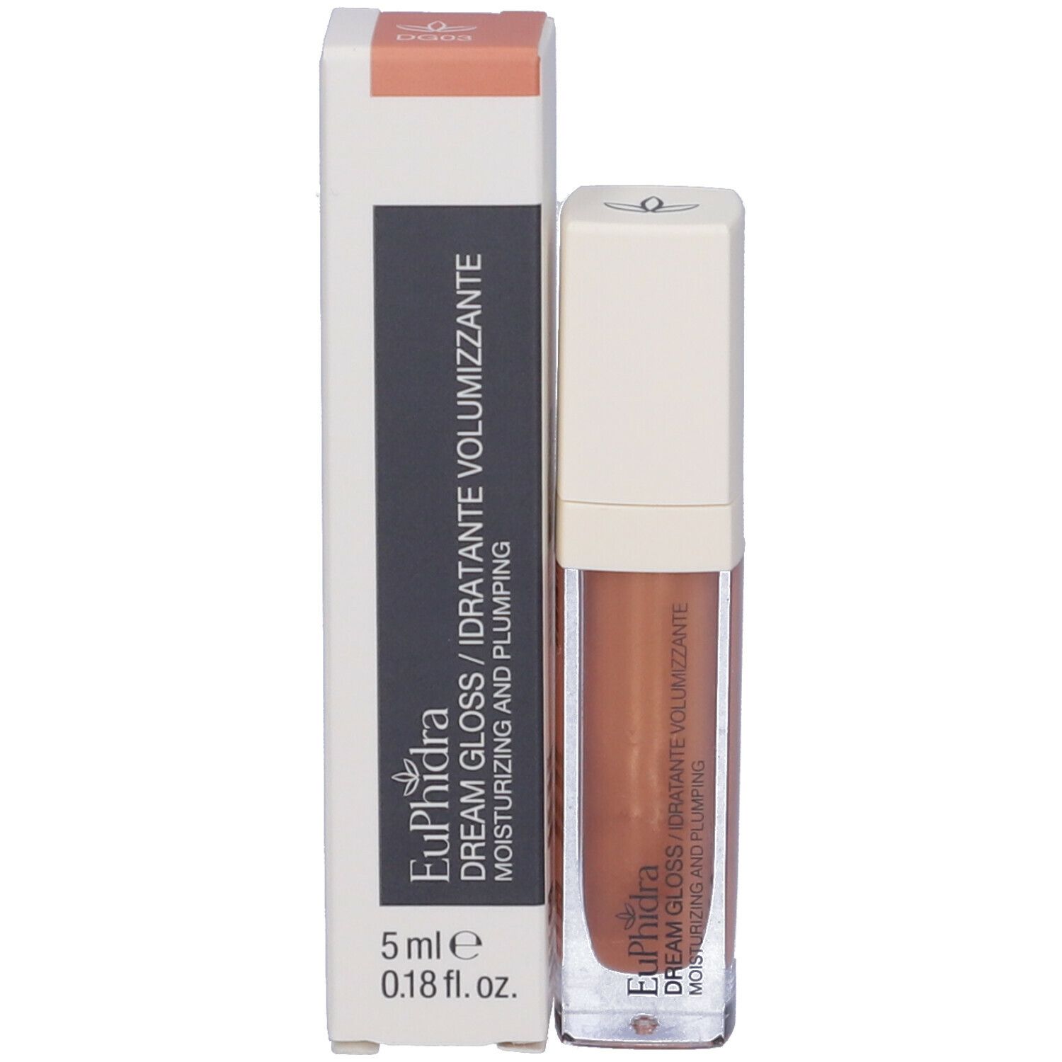 Lucidalabbra e confezione. Scritta: Euphidra Dream Gloss, idratante e volumizzante. 5 ml.