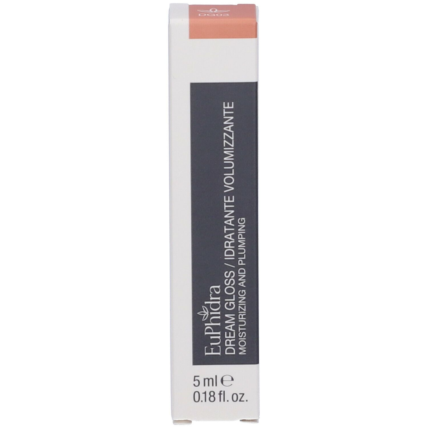 Confezione di lucidalabbra. Scritta: Euphidra Dream Gloss, idratante e volumizzante. 5 ml.