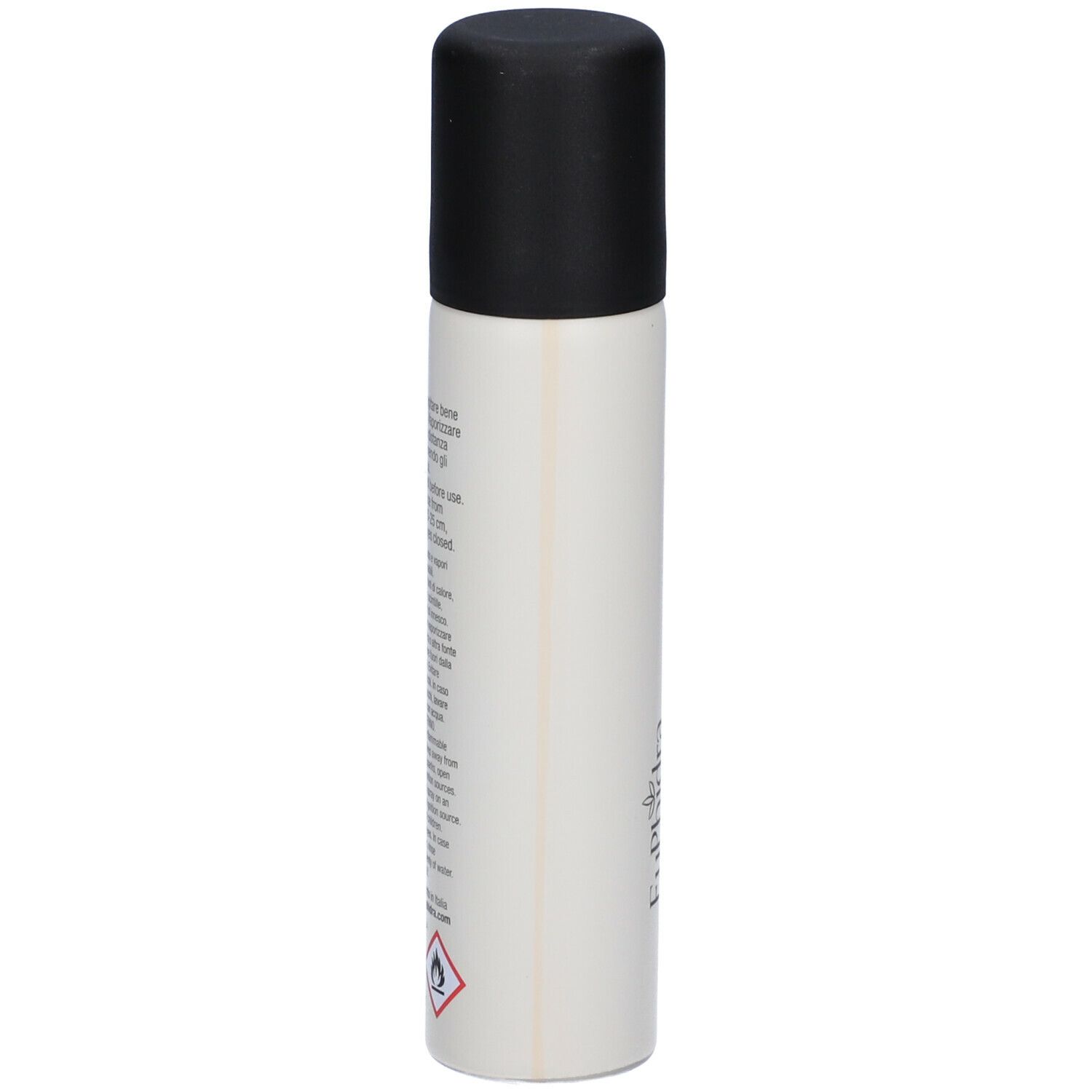 Flacone cilindrico, bianco con tappo nero. Testo sul retro.