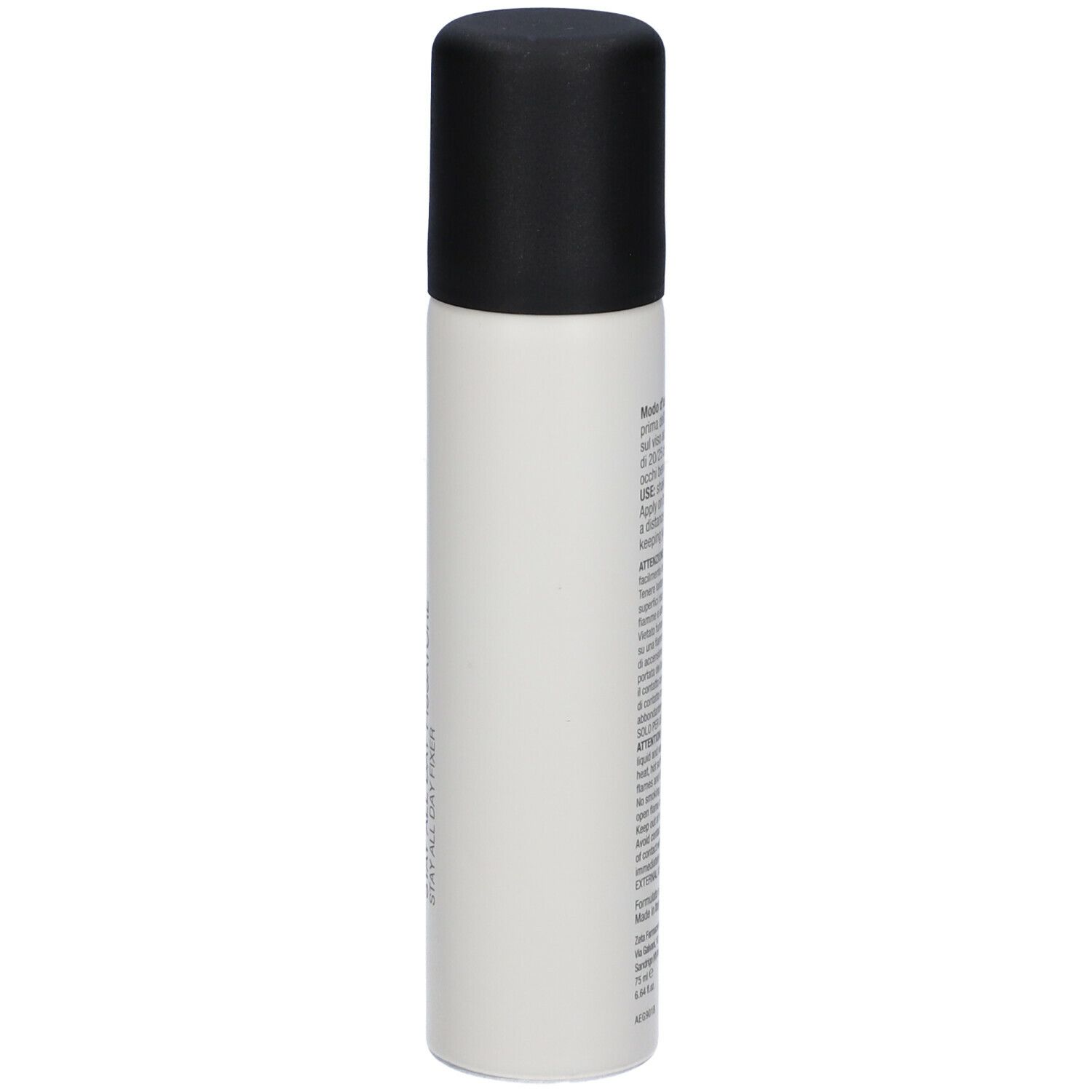 Flacone cilindrico, bianco con tappo nero. Testo sul retro.