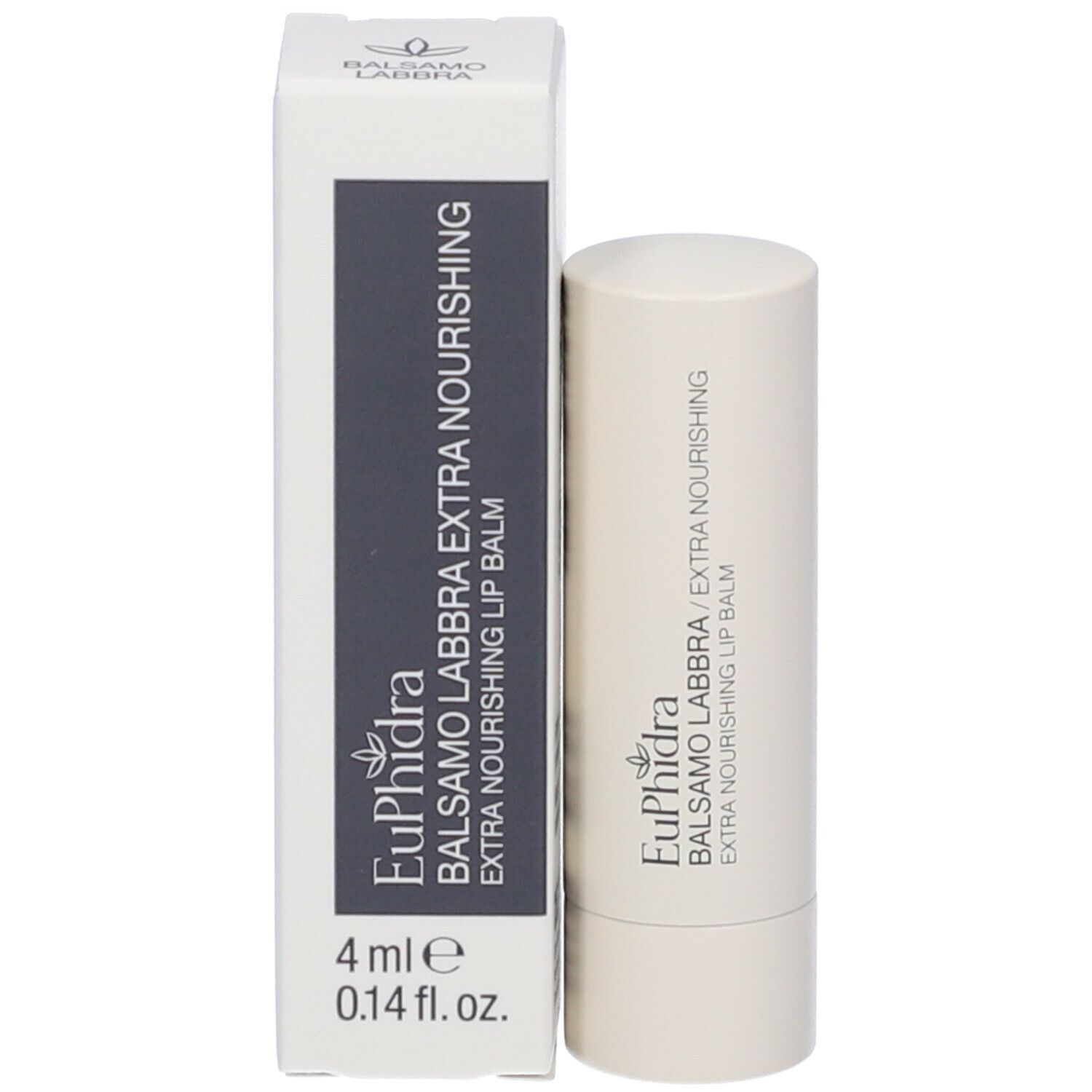 Stick balsamo labbra e scatola. Scritta Euphidra Balsamo Labbra Extra Nourishing.