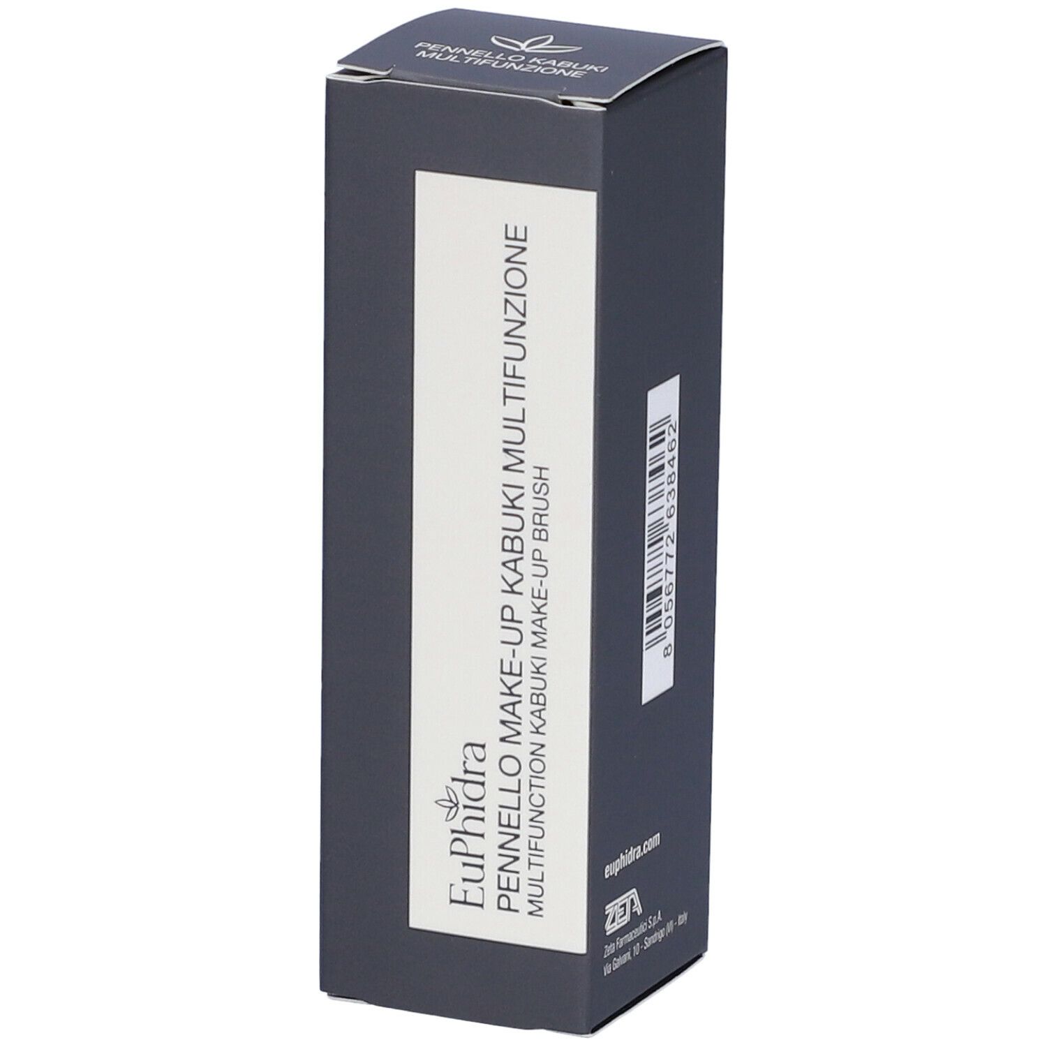 Confezione grigio scuro. Scritta: Euphidra Pennello Kabuki Multifunzione. Testo nero su sfondo bianco.