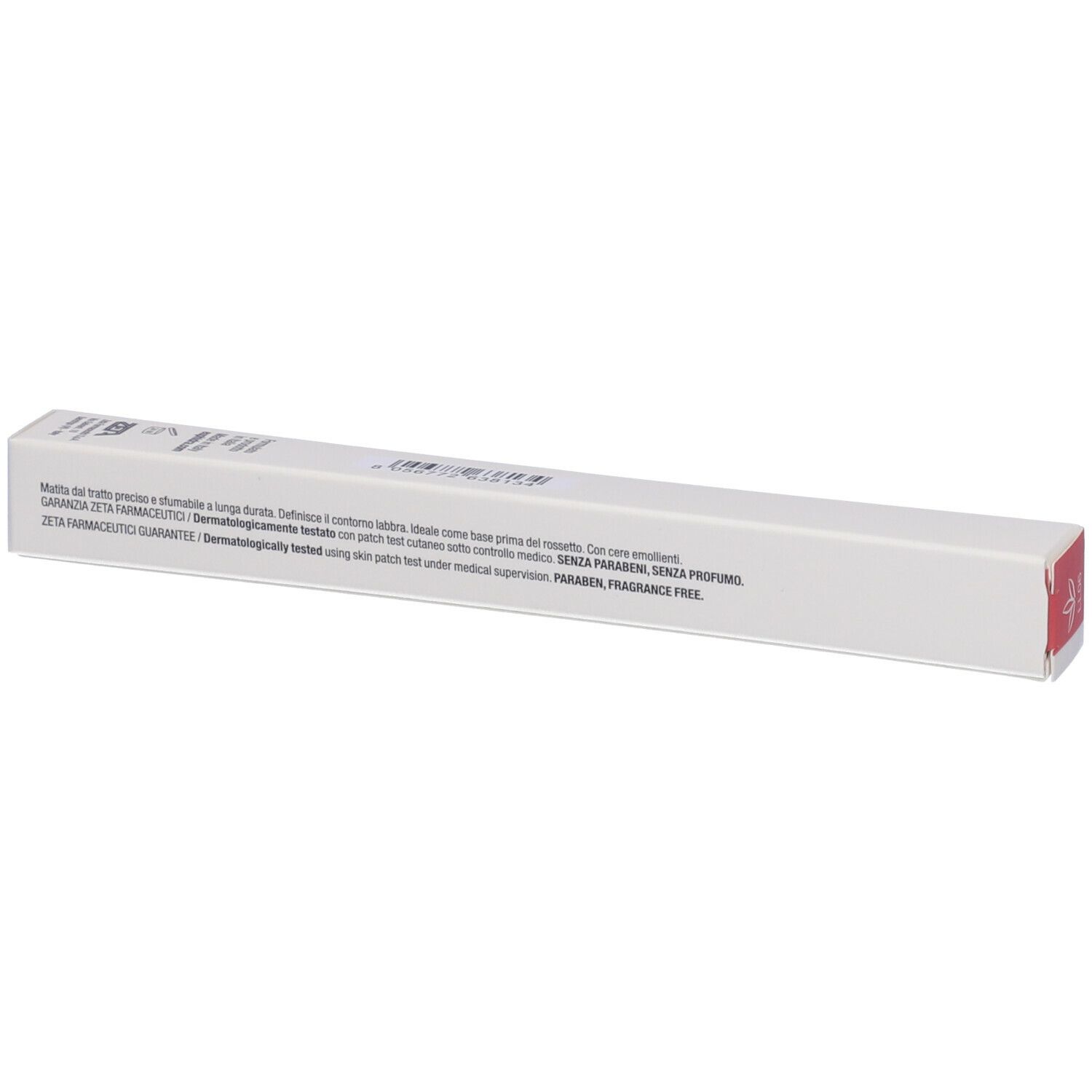 Confezione rossetto bianca con testo. Dermatologicamente testato. Senza profumo. Nude Rosa.