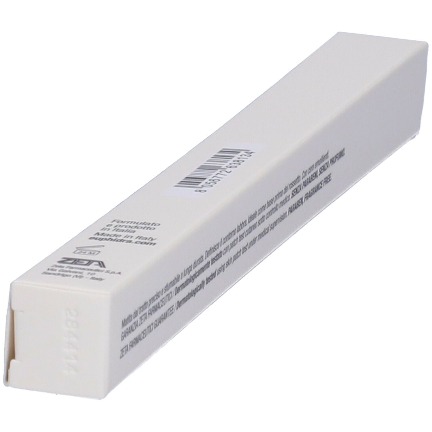 Confezione rossetto bianca con testo e codice a barre. Prodotto in Italia. Nude Rosa.