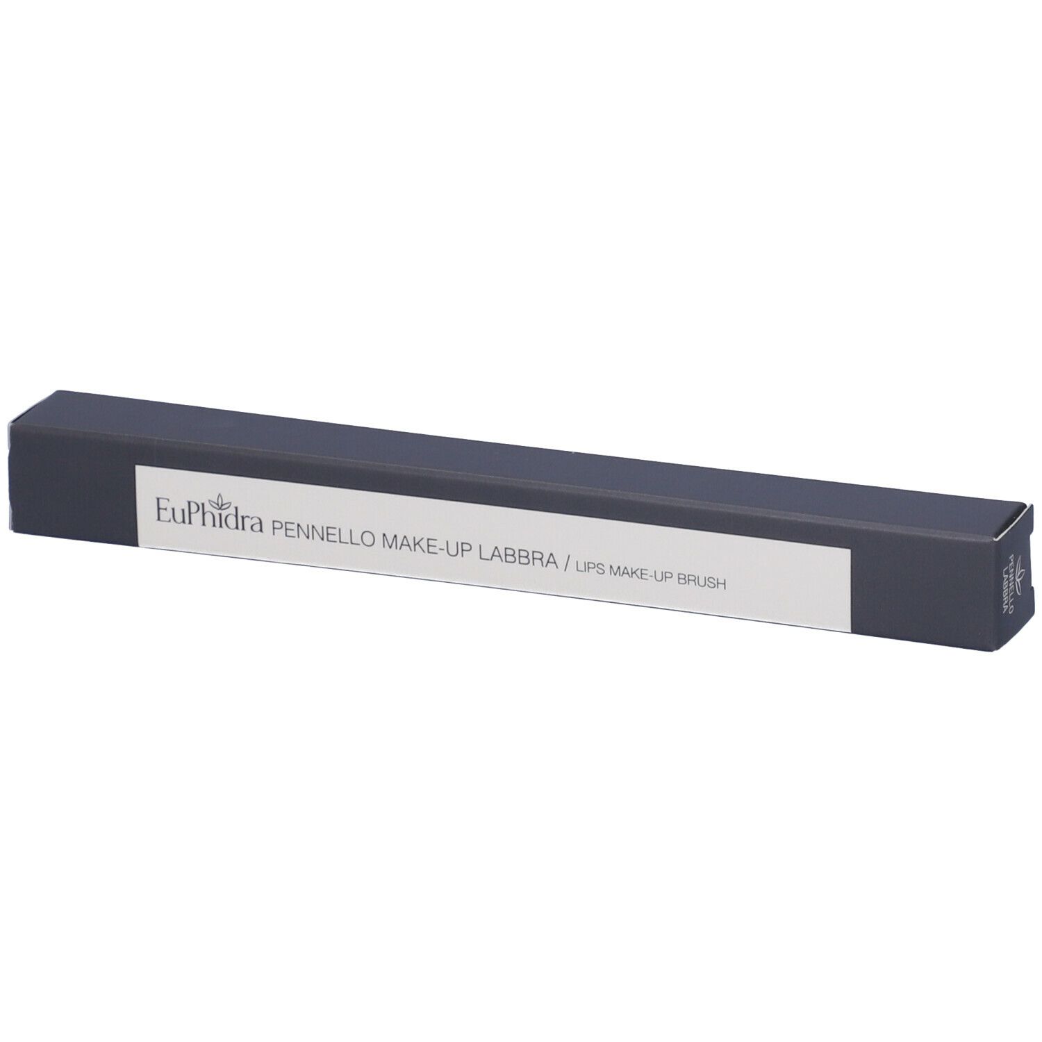 Confezione rettangolare grigio scuro. Scritta: Euphidra Pennello Make-up Labbra / Lips Make-up Brush.