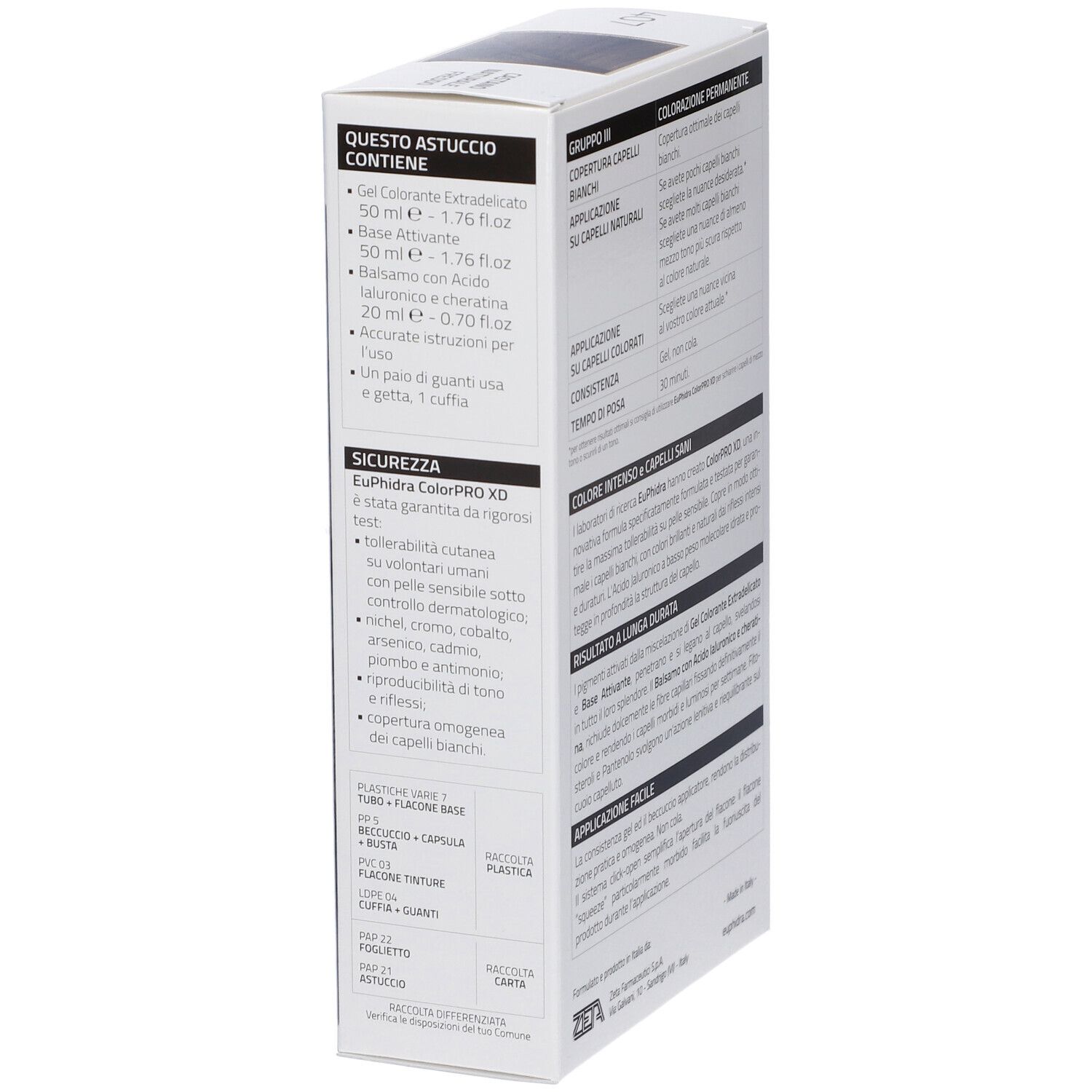 Seite der Haarfärbemittel-Verpackung. Enthält Inhaltsangaben und Sicherheitsinformationen.