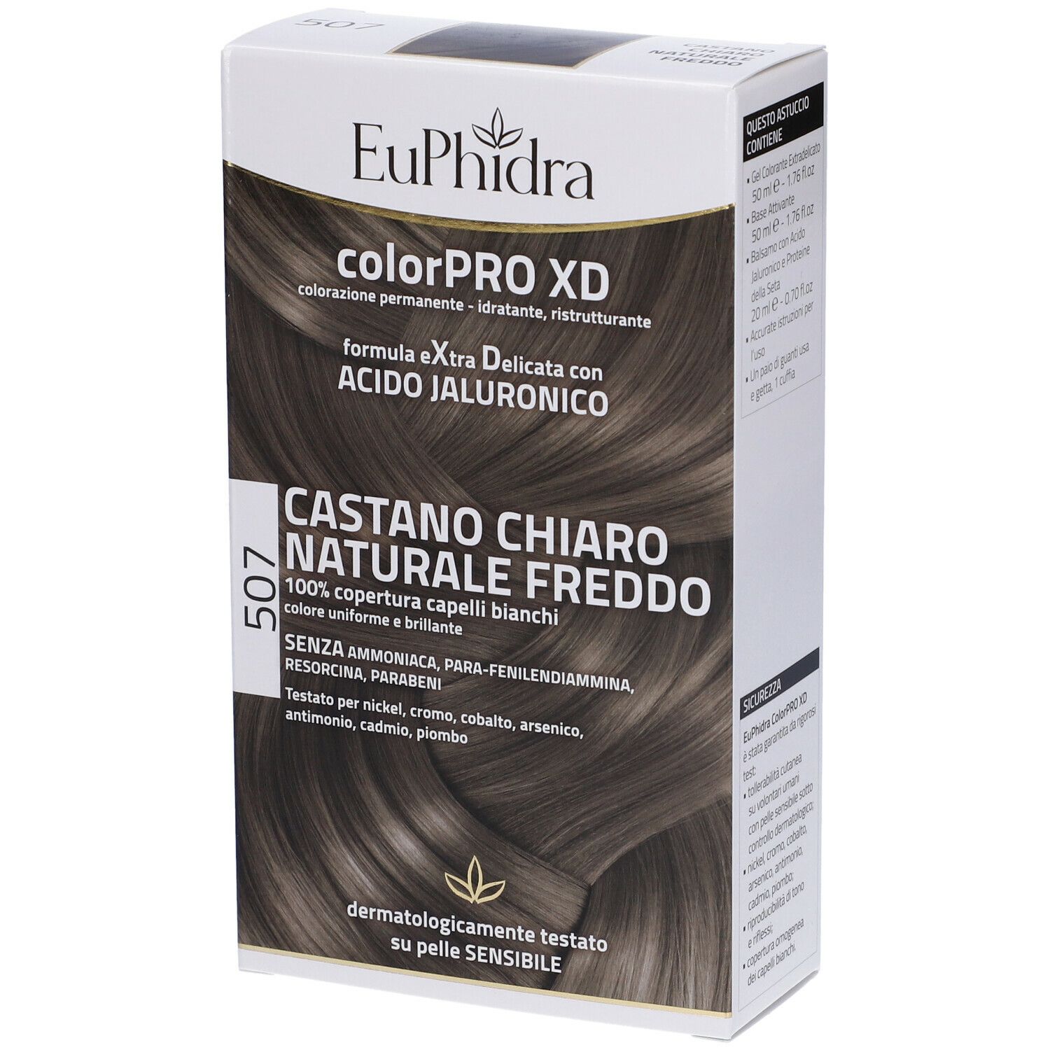 Confezione Euphidra ColorPRO XD, colore 507 Castano Chiaro Naturale Freddo. Testato dermatologicamente su pelli sensibili.