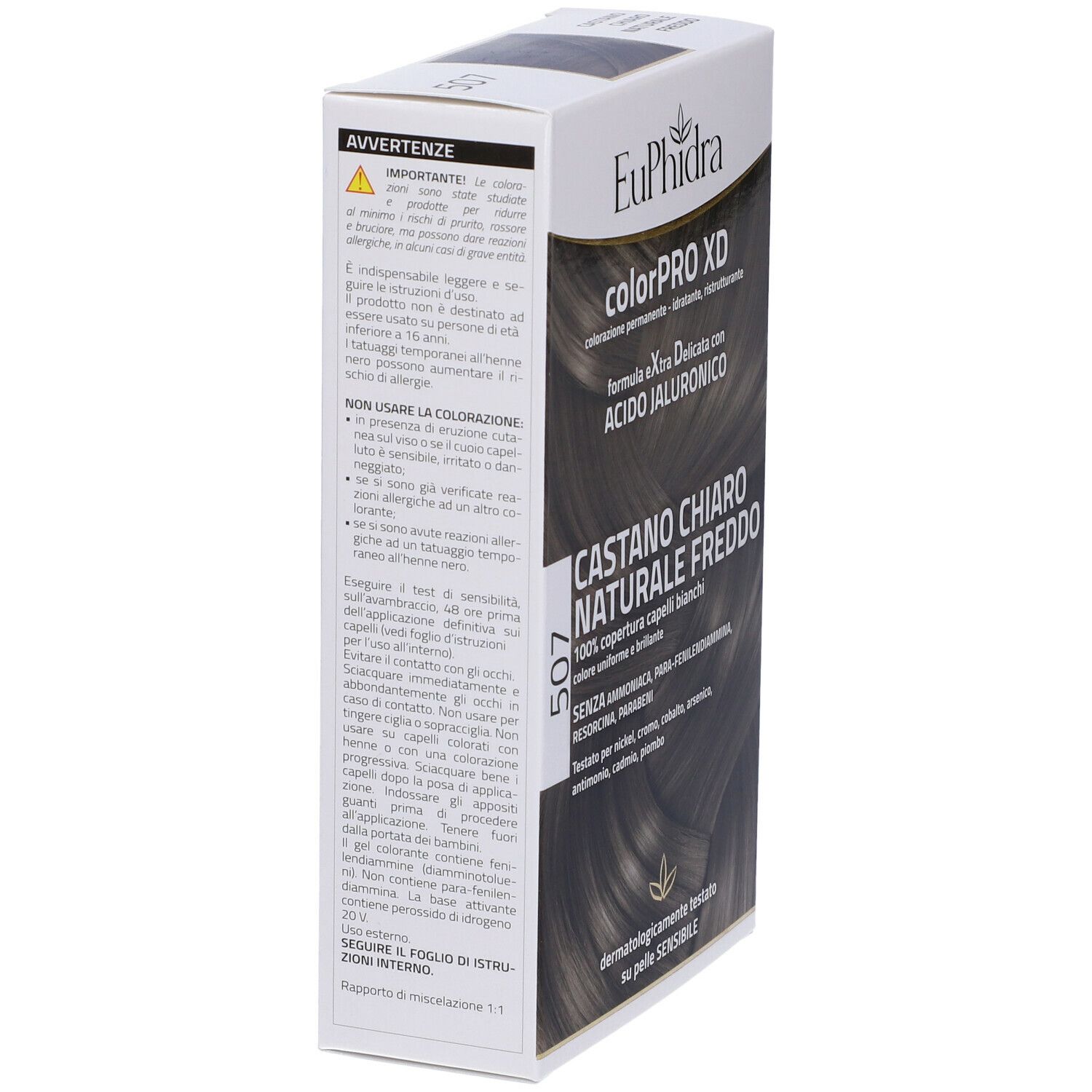 Confezione Euphidra ColorPRO XD, lato con testo e istruzioni. Colore 507 Castano Chiaro Naturale Freddo.