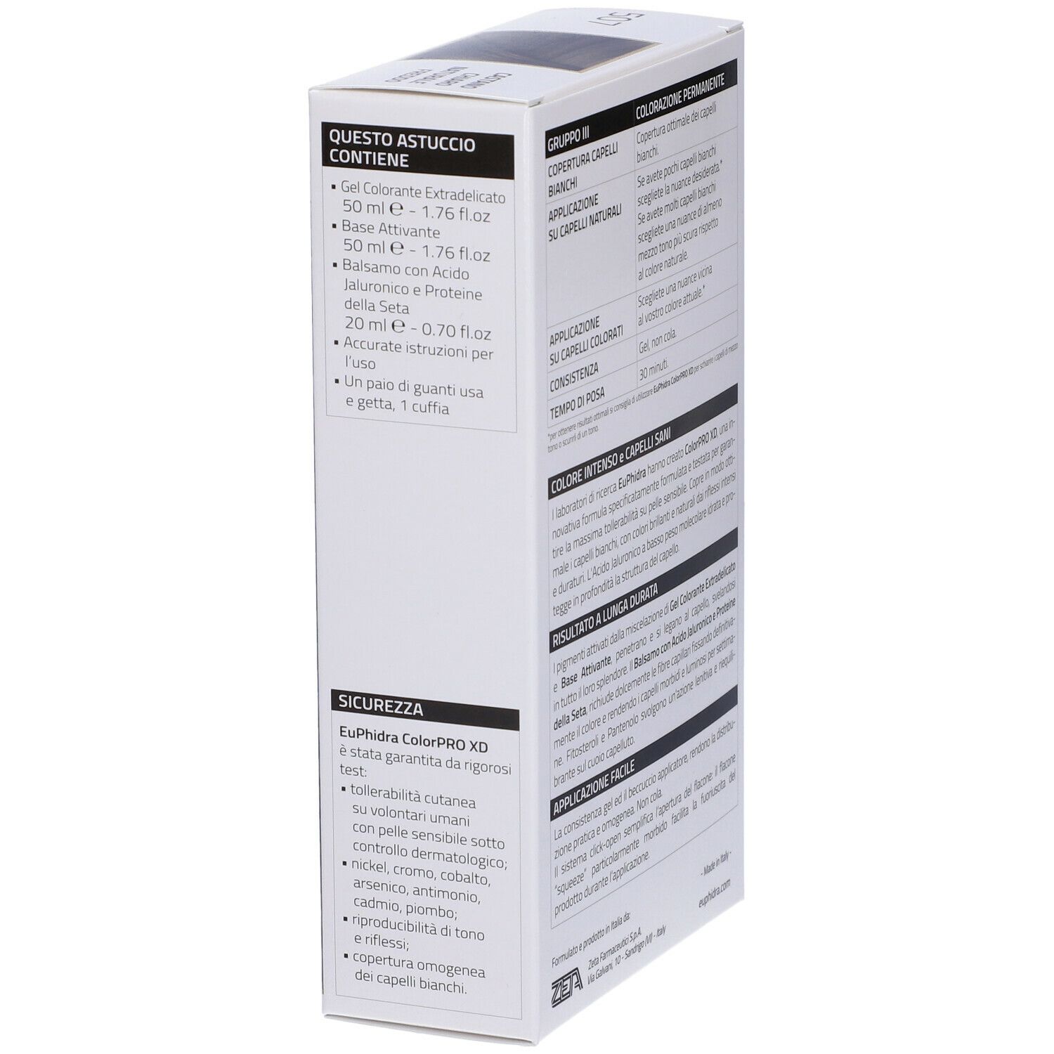 Lato confezione Euphidra ColorPRO XD. Contiene gel, attivatore, balsamo, istruzioni e accessori.