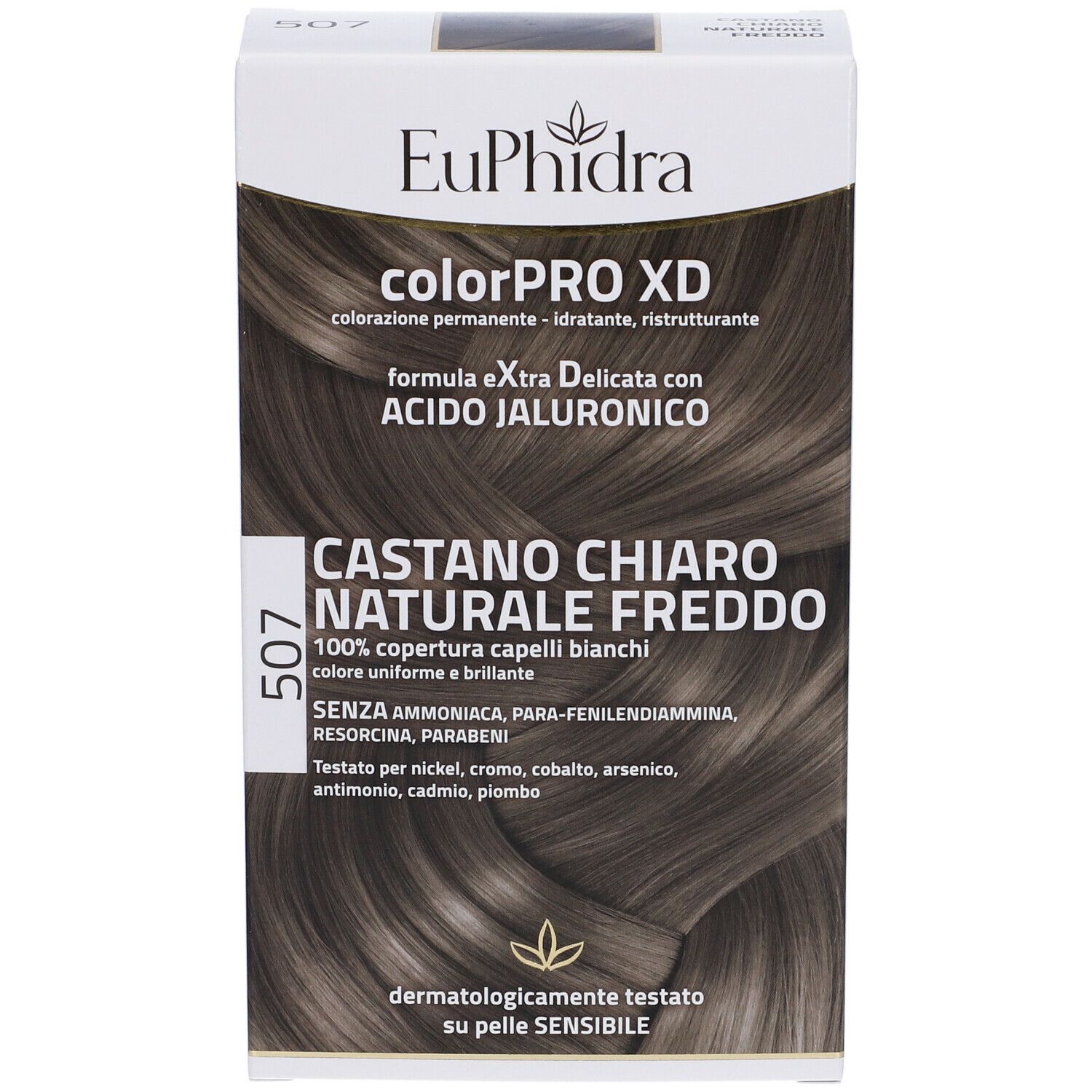 Confezione Euphidra ColorPRO XD, colore 507 Castano Chiaro Naturale Freddo. Testato dermatologicamente su pelli sensibili.