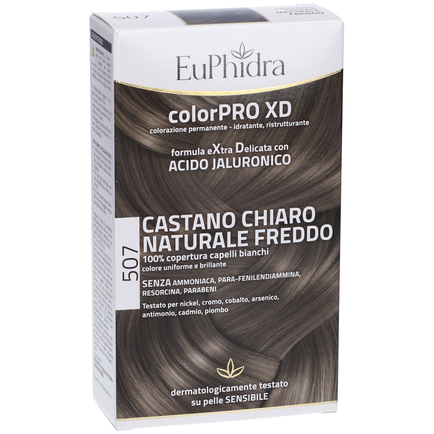 Confezione Euphidra ColorPRO XD, colore 507 Castano Chiaro Naturale Freddo. Testato dermatologicamente su pelli sensibili.