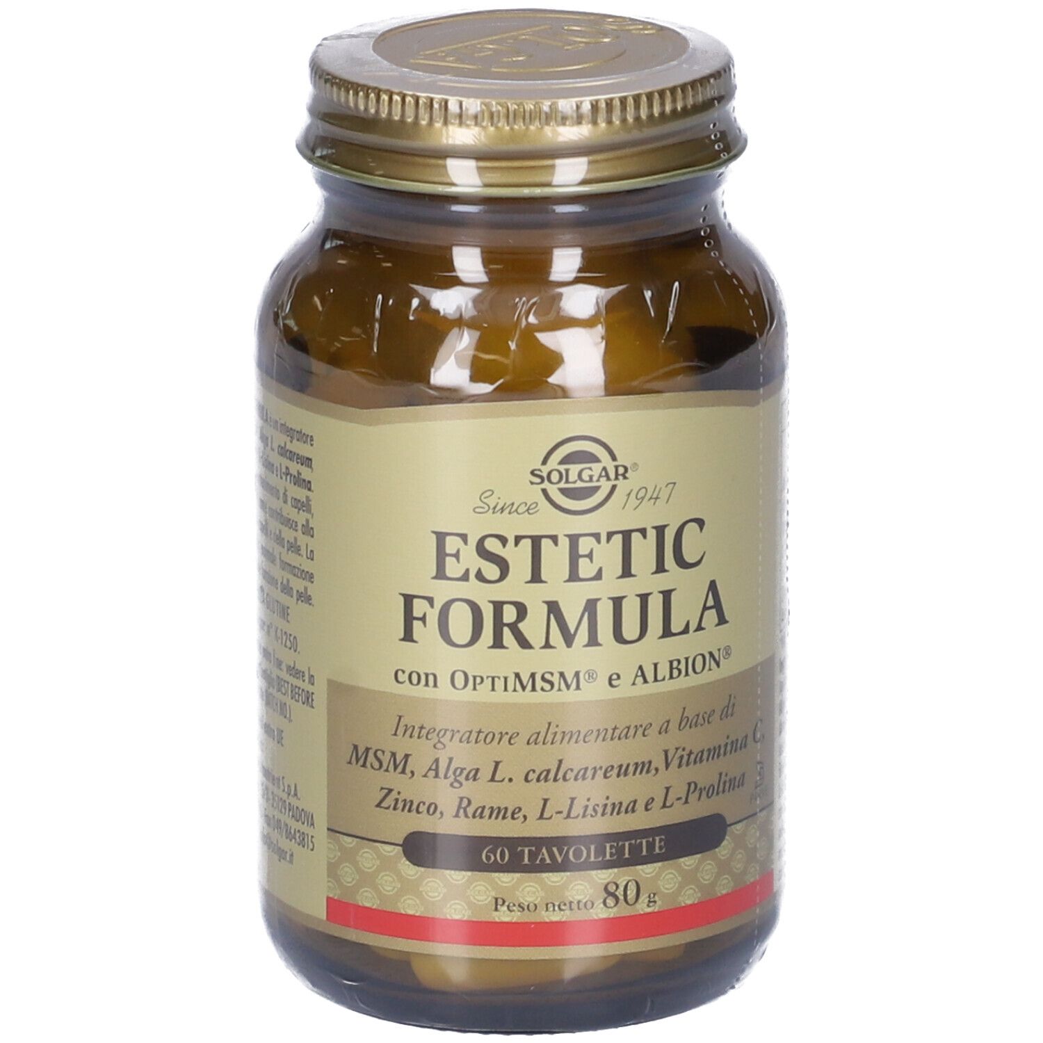 Flacone di vetro marrone con tappo dorato. Scritta: ESTETIC FORMULA, SOLGAR. Contiene 60 compresse.