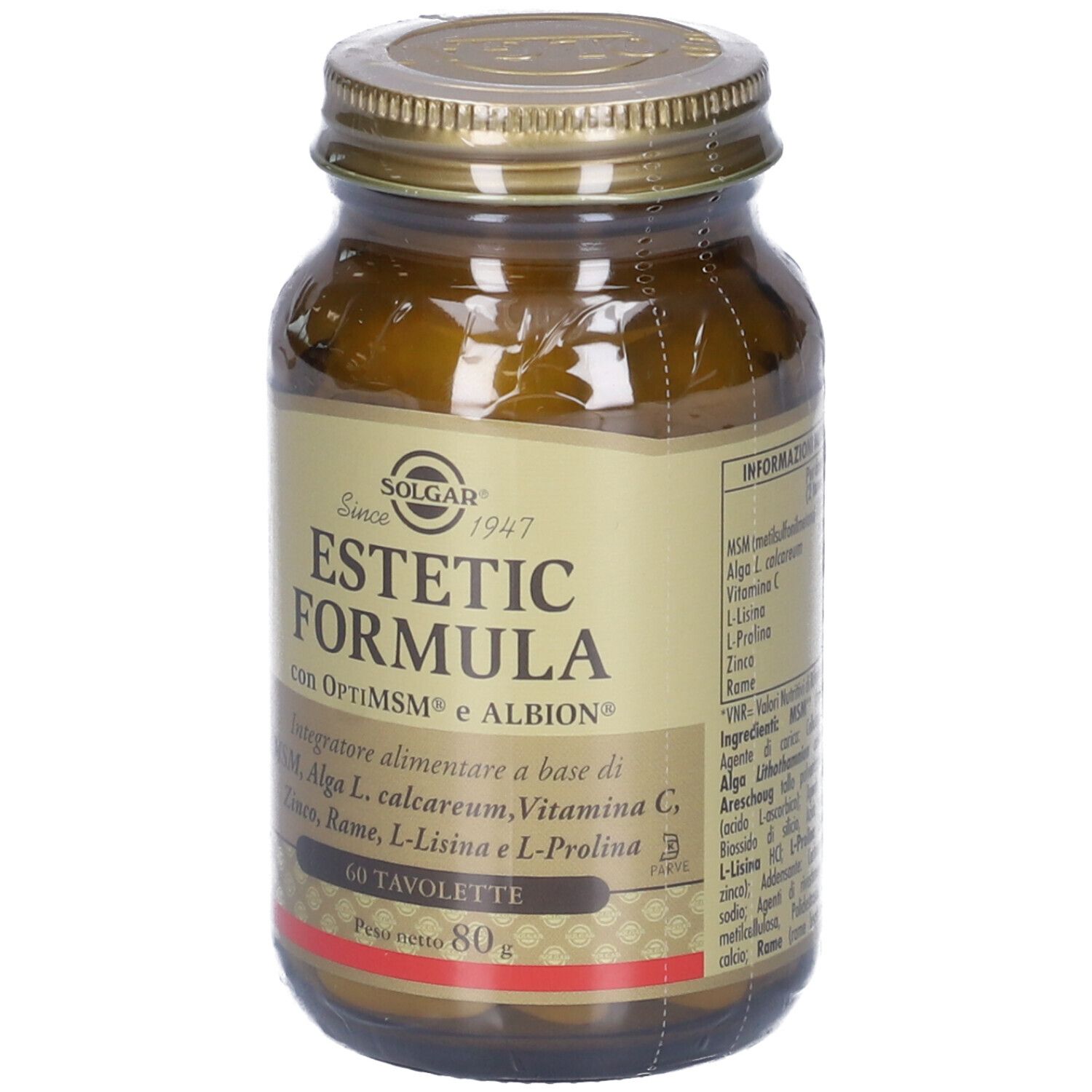 Flacone di vetro marrone con tappo dorato. Scritta: ESTETIC FORMULA, SOLGAR. Contiene 60 compresse.
