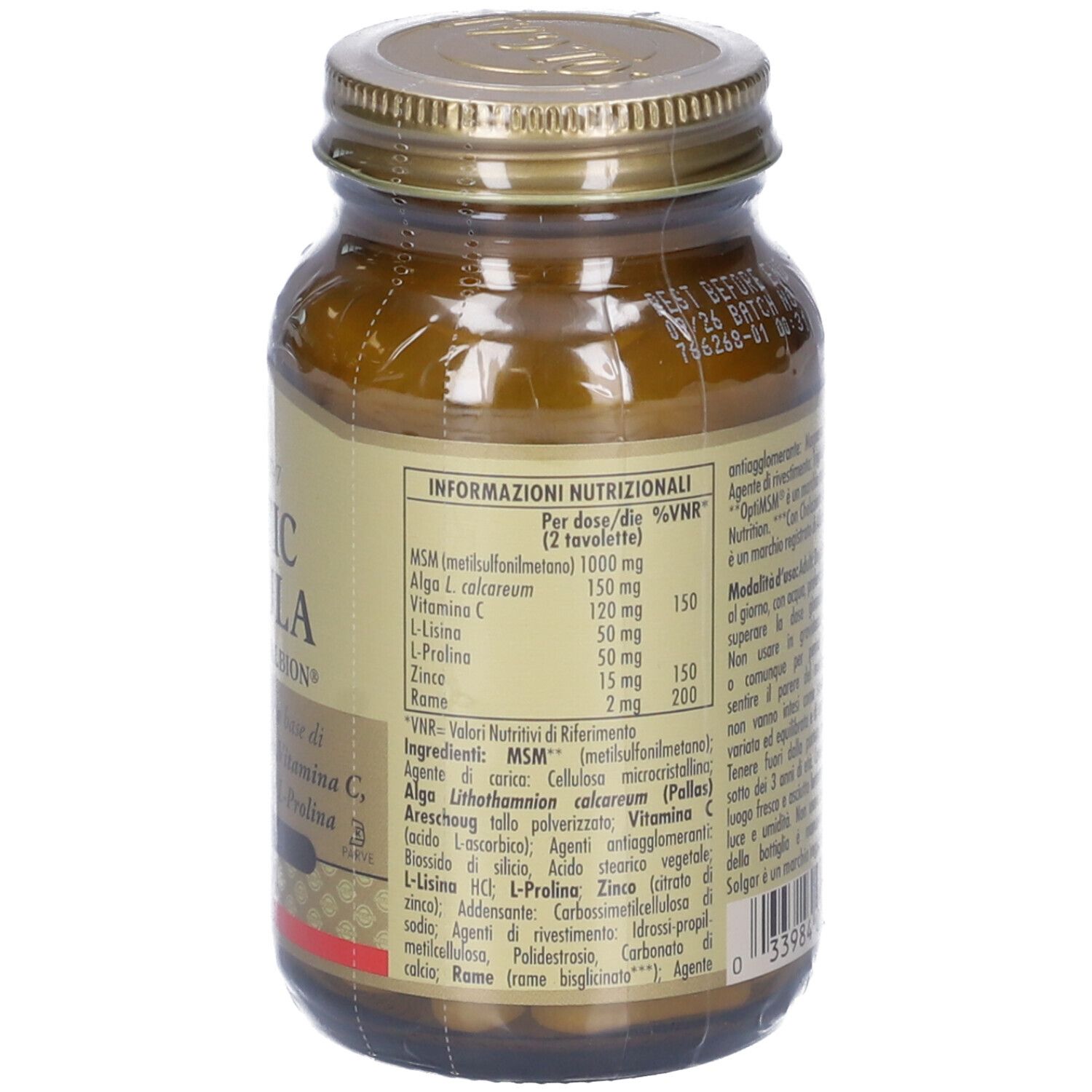 Retro del flacone di vetro marrone. Elenco degli ingredienti e informazioni nutrizionali. Informazioni testuali.