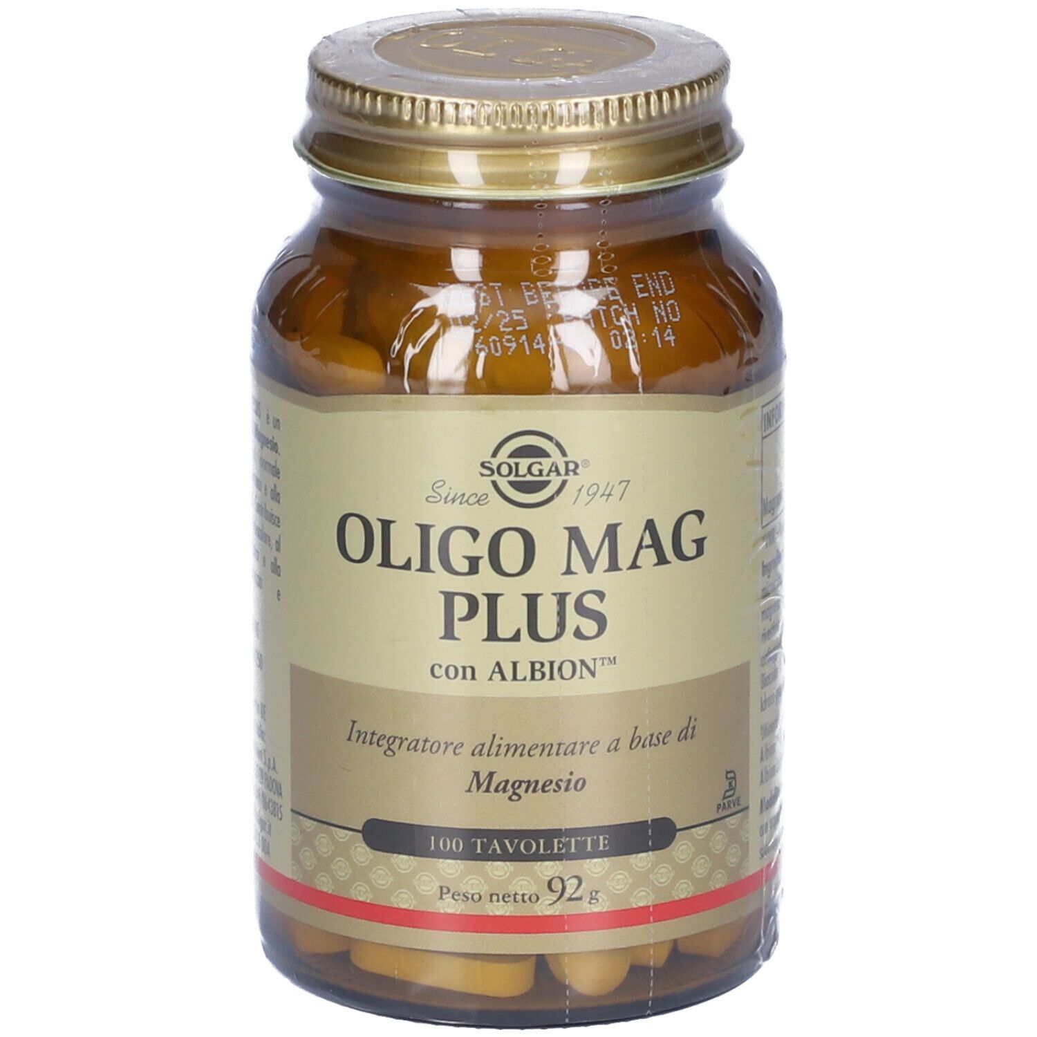 Flacone in vetro marrone con SOLGAR® Oligo Mag Plus. Tappo dorato. Etichetta con informazioni sul prodotto.