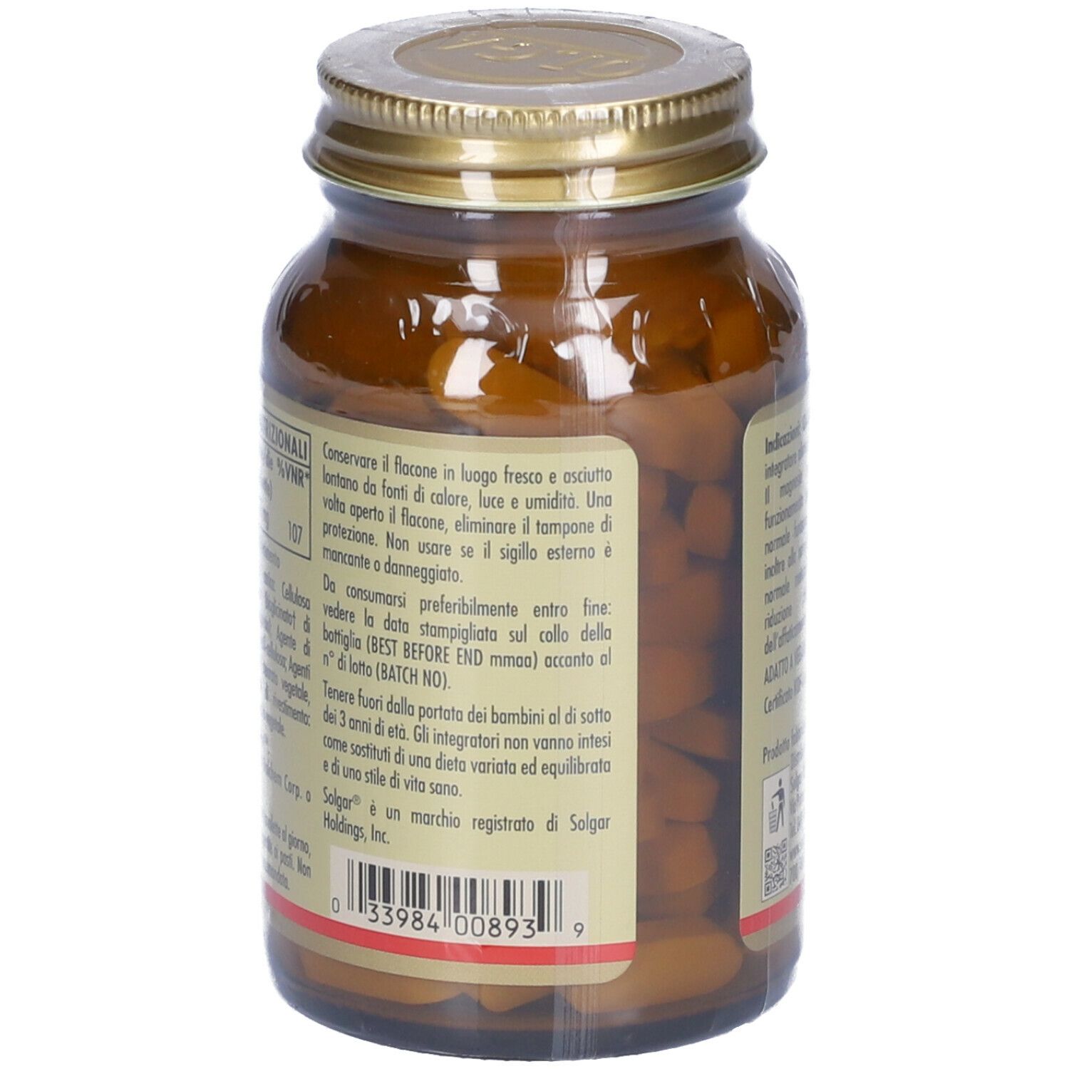 Retro del flacone in vetro marrone SOLGAR® Oligo Mag Plus. Etichetta con informazioni e testo.