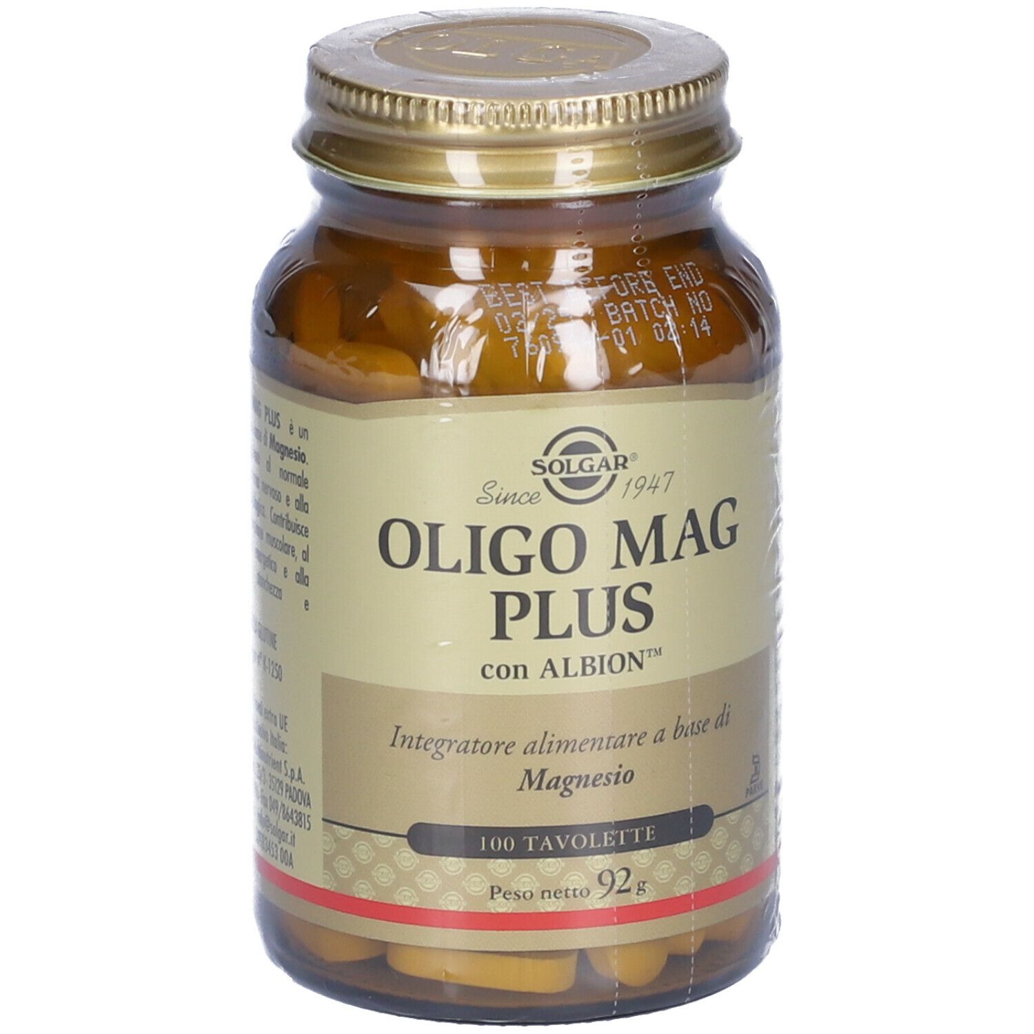 Flacone in vetro marrone con SOLGAR® Oligo Mag Plus. Tappo dorato. Etichetta con informazioni sul prodotto.