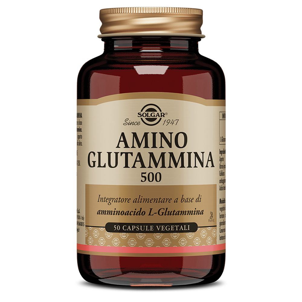 Flacone di vetro marrone con tappo dorato. Scritta: AMINO GLUTAMMINA 500. 50 capsule.