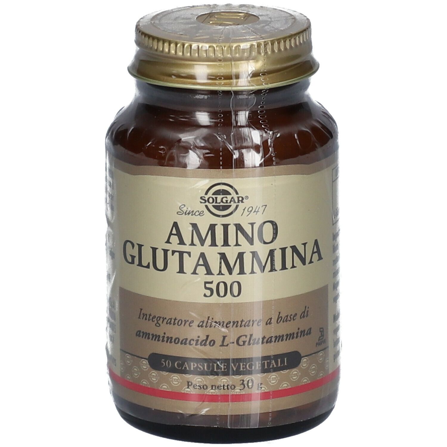 Flacone di vetro marrone con tappo dorato, avvolto in plastica. Scritta: AMINO GLUTAMMINA 500.
