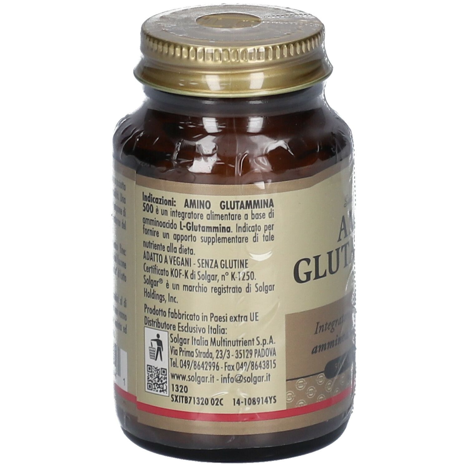 Flacone di vetro marrone con tappo dorato. Retro con testo. Scritta: AMINO GLUTAMMINA.