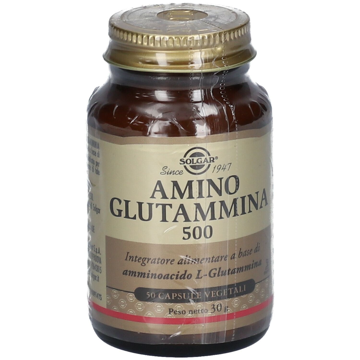 Flacone di vetro marrone con tappo dorato, avvolto in plastica. Scritta: AMINO GLUTAMMINA 500.