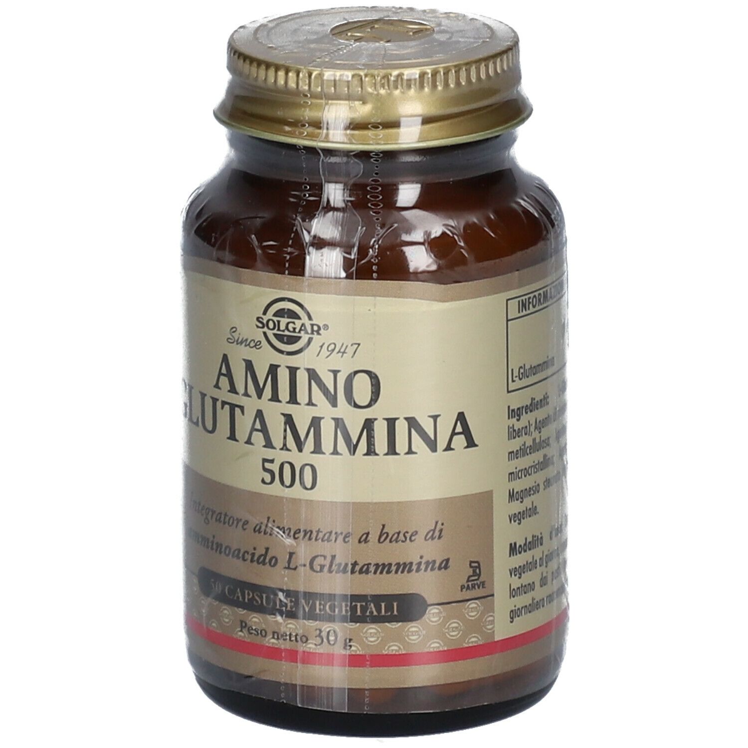 Flacone di vetro marrone con tappo dorato. Scritta: AMINO GLUTAMMINA 500. 50 capsule.