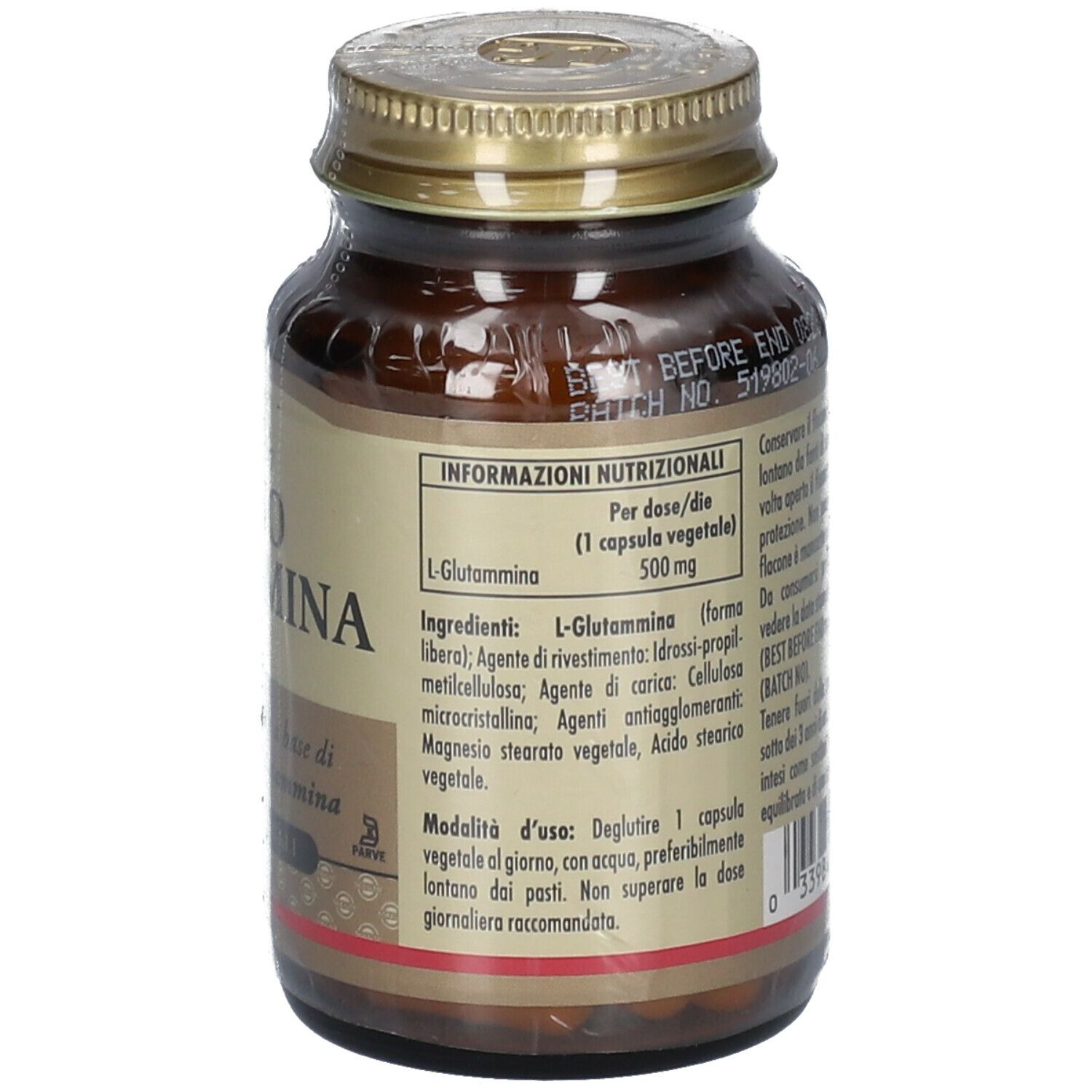Flacone di vetro marrone con tappo dorato. Retro con testo. Scritta: AMINO GLUTAMMINA.