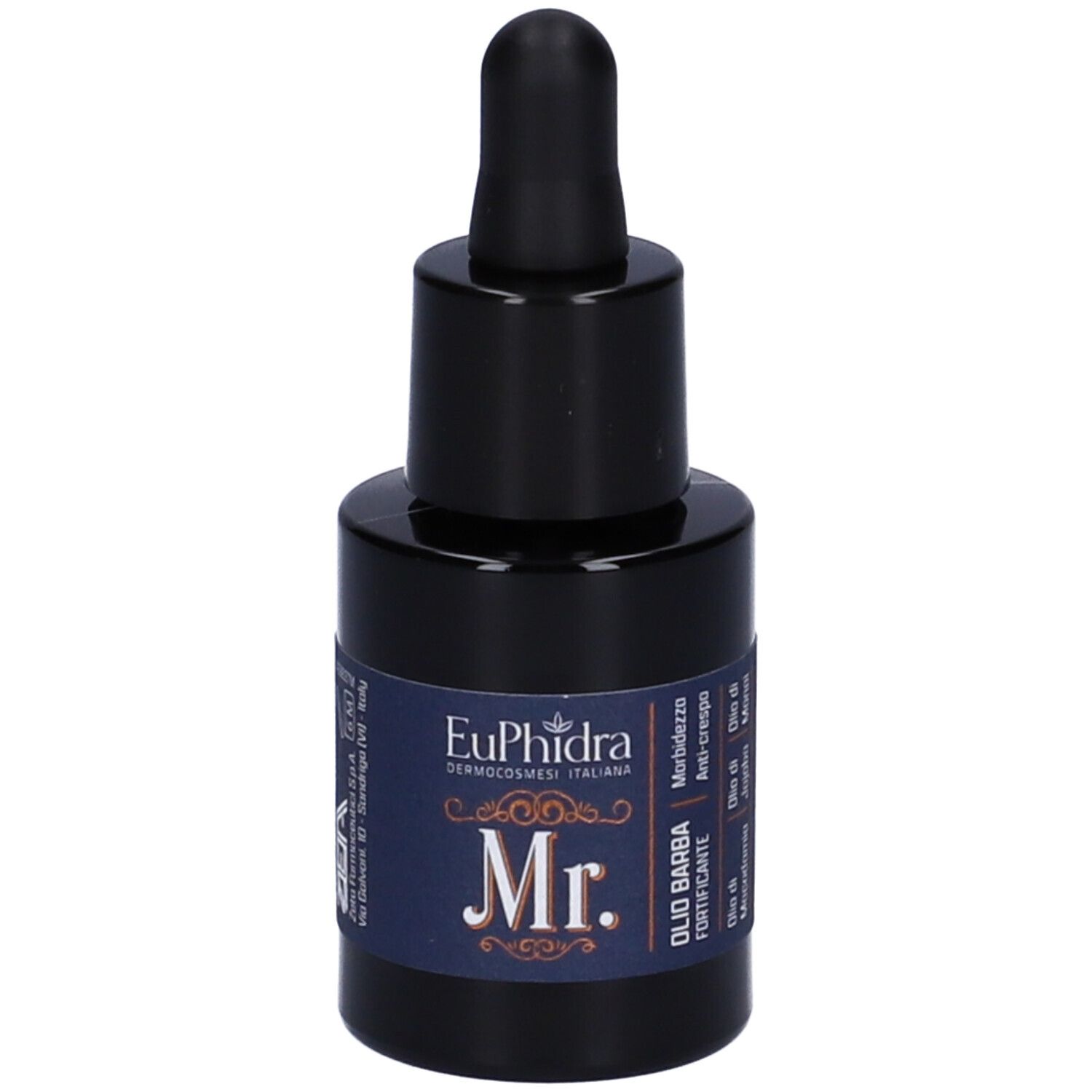 Flacone blu scuro con tappo nero e contagocce. Etichetta con nome del prodotto e marchio.