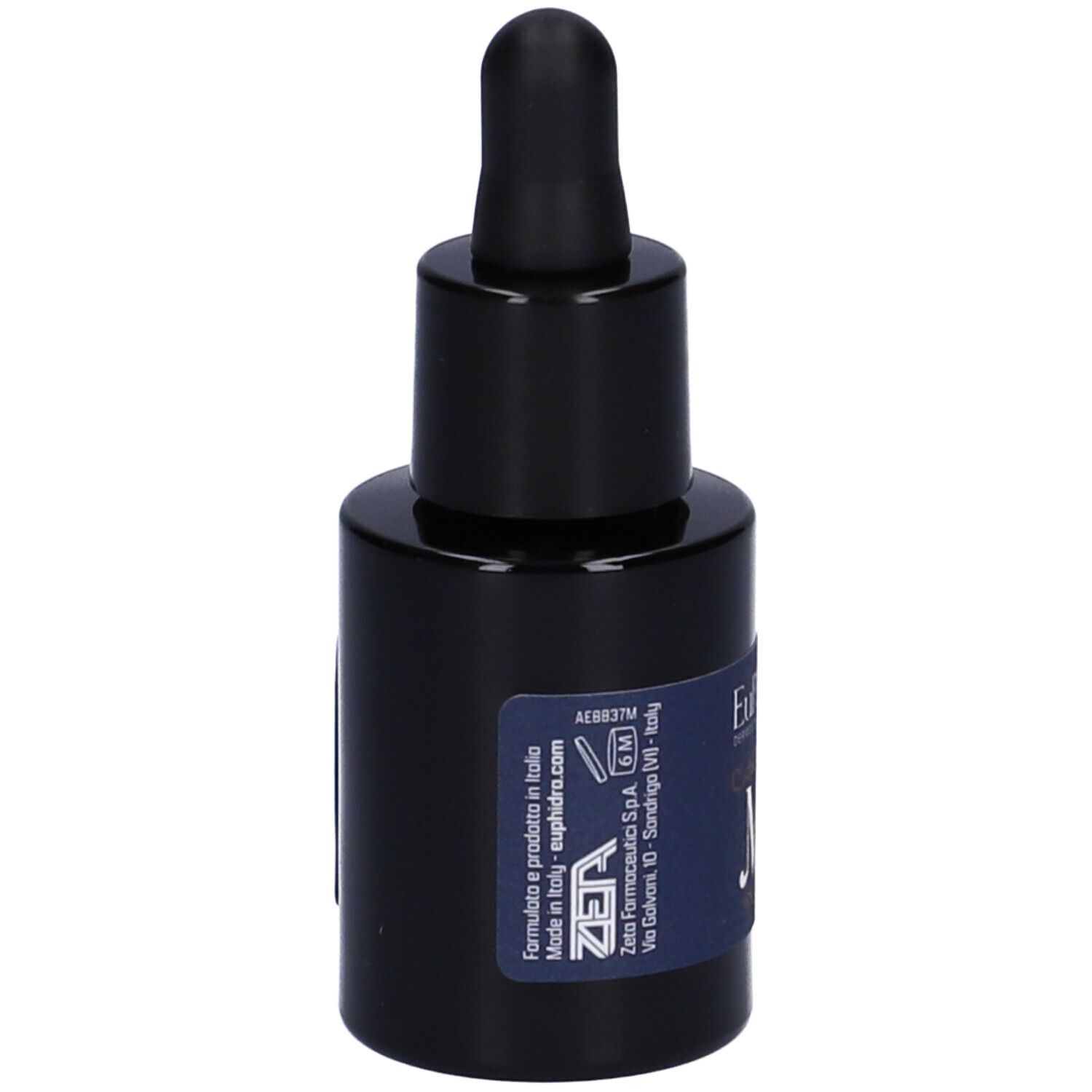 Flacone blu scuro con tappo nero e contagocce. Etichetta con informazioni del produttore.