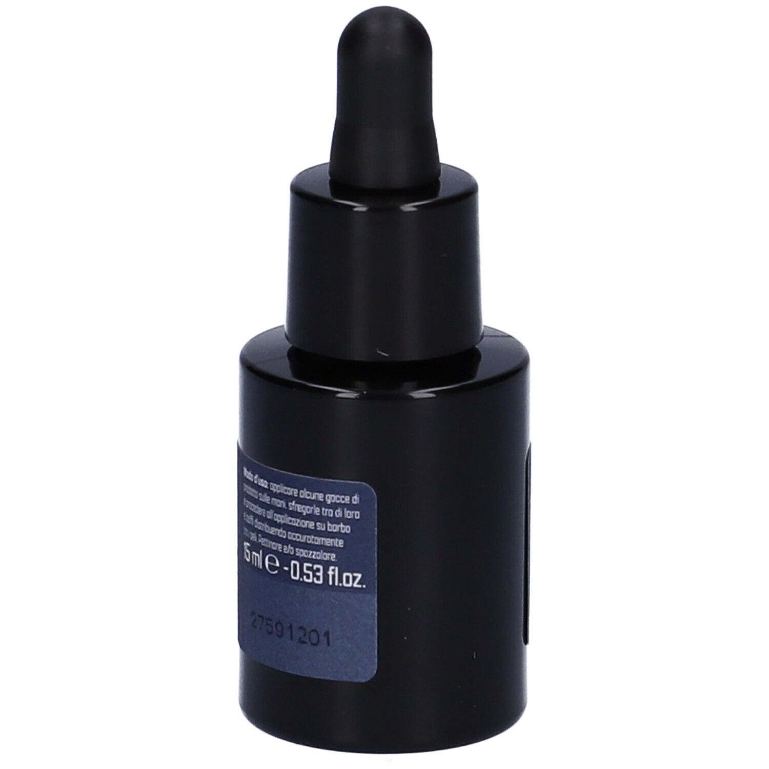 Flacone blu scuro con tappo nero e contagocce. Etichetta con istruzioni per l'uso e volume.