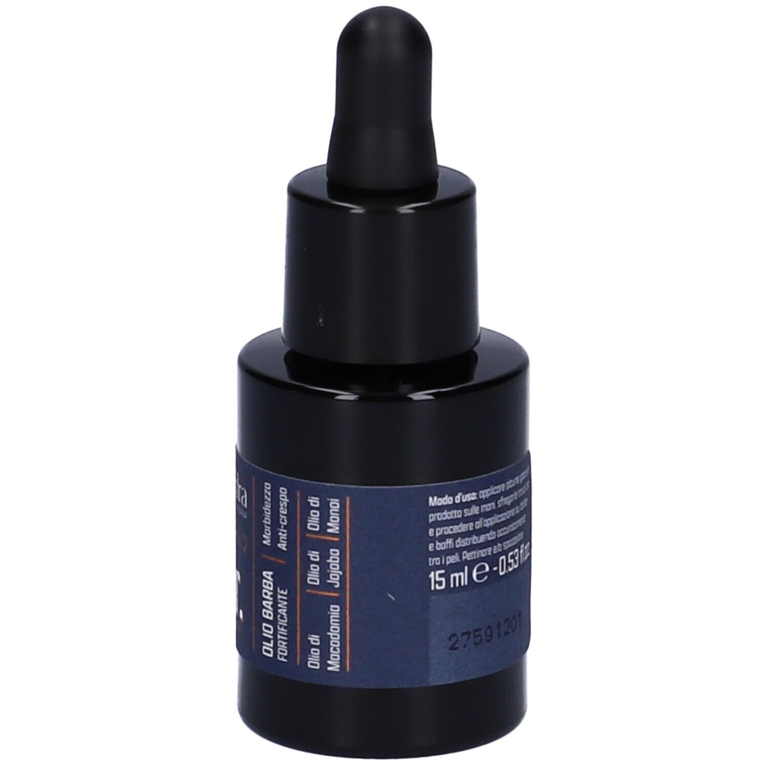 Flacone blu scuro con tappo nero e contagocce. Etichetta con nome del prodotto, ingredienti e volume.