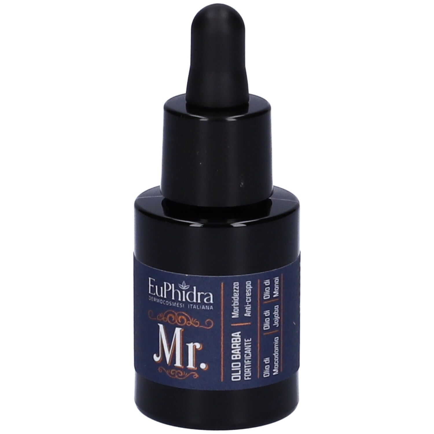 Flacone blu scuro con tappo nero e contagocce. Etichetta con nome del prodotto e marchio.