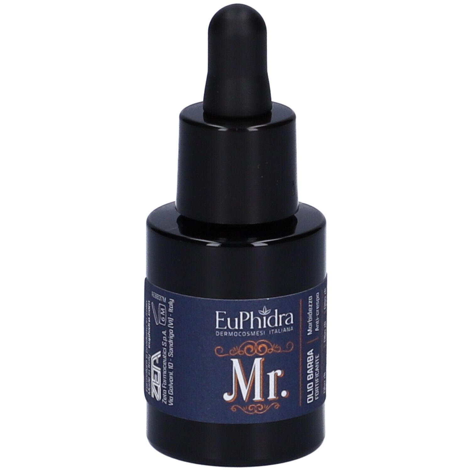 Flacone blu scuro con tappo nero e contagocce. Etichetta con nome del prodotto e marchio.