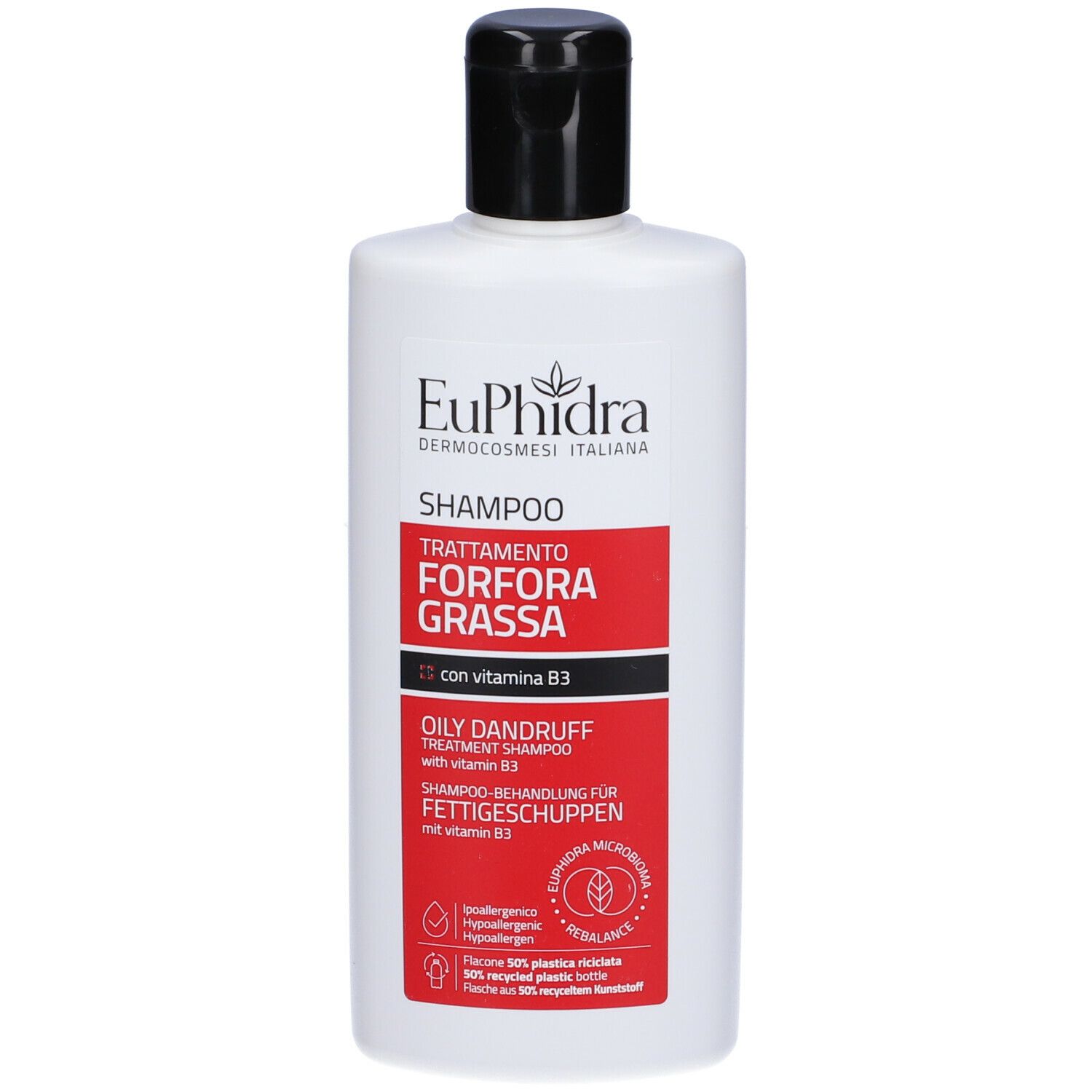 Flacone bianco con tappo nero. Etichetta rossa con informazioni sul prodotto. Shampoo Euphidra per forfora grassa.
