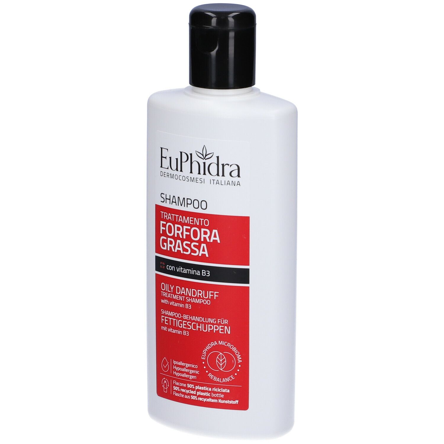 Flacone bianco con tappo nero. Etichetta rossa con informazioni sul prodotto. Shampoo Euphidra per forfora grassa.