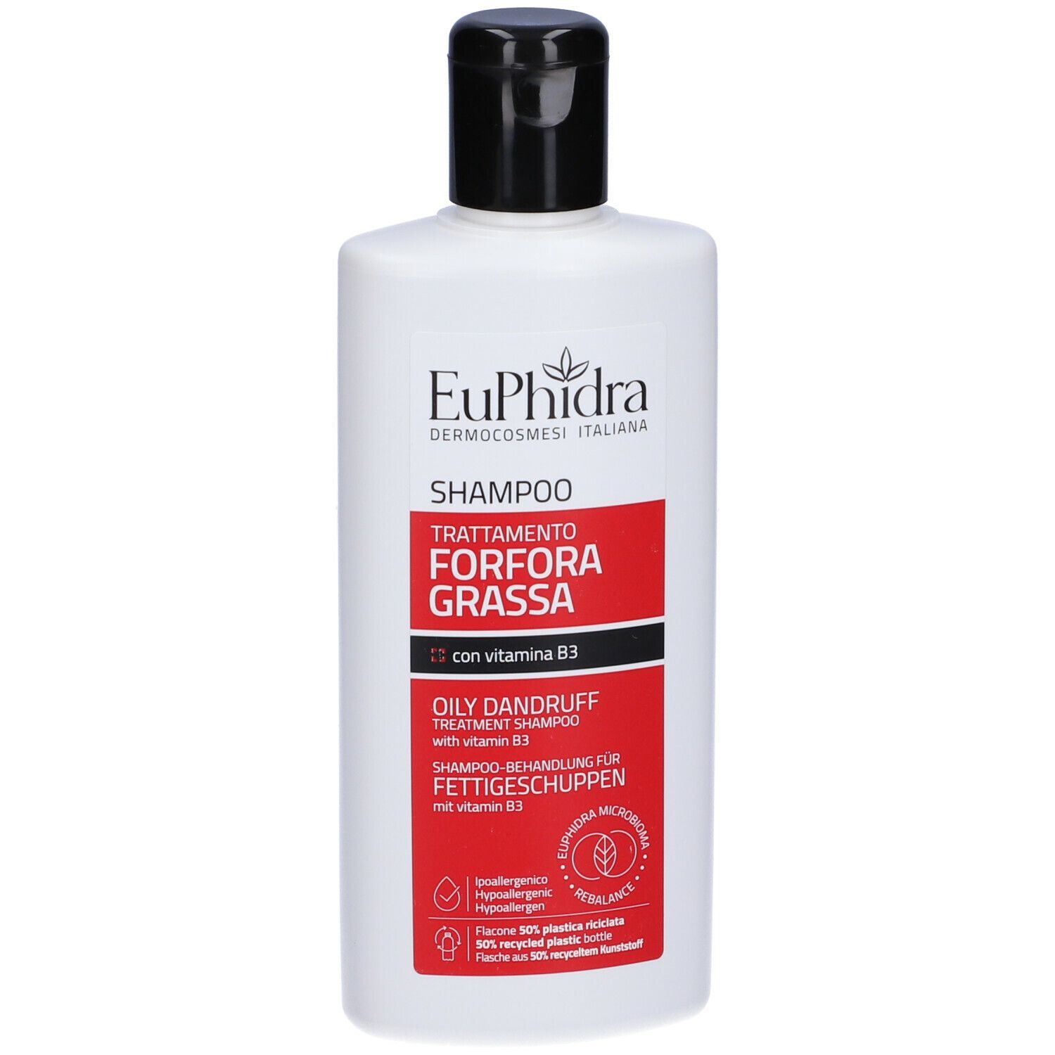 Flacone bianco con tappo nero. Etichetta rossa con informazioni sul prodotto. Shampoo Euphidra per forfora grassa.