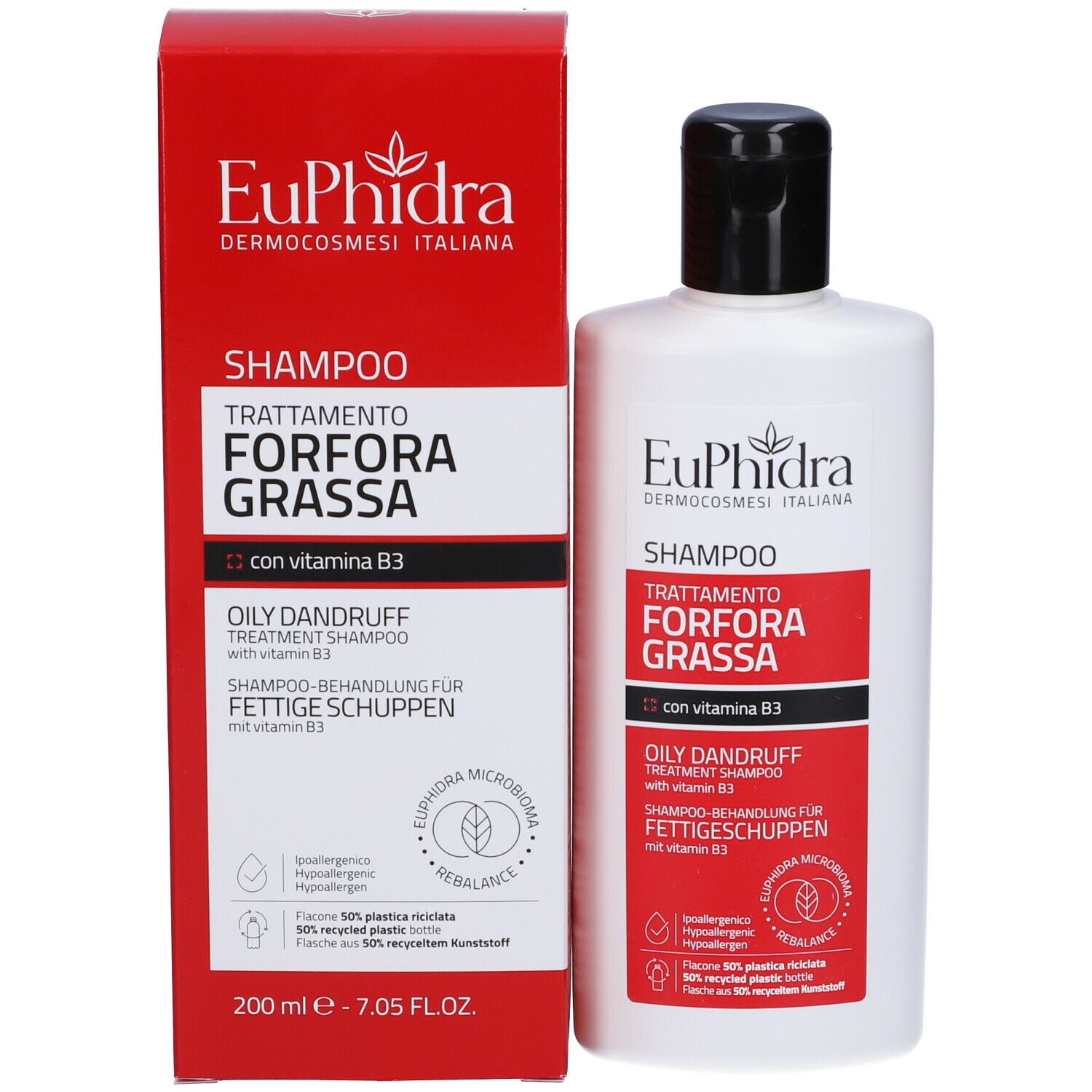 Prodotto e confezione. Flacone bianco con scatola rossa. Shampoo Euphidra per forfora grassa.
