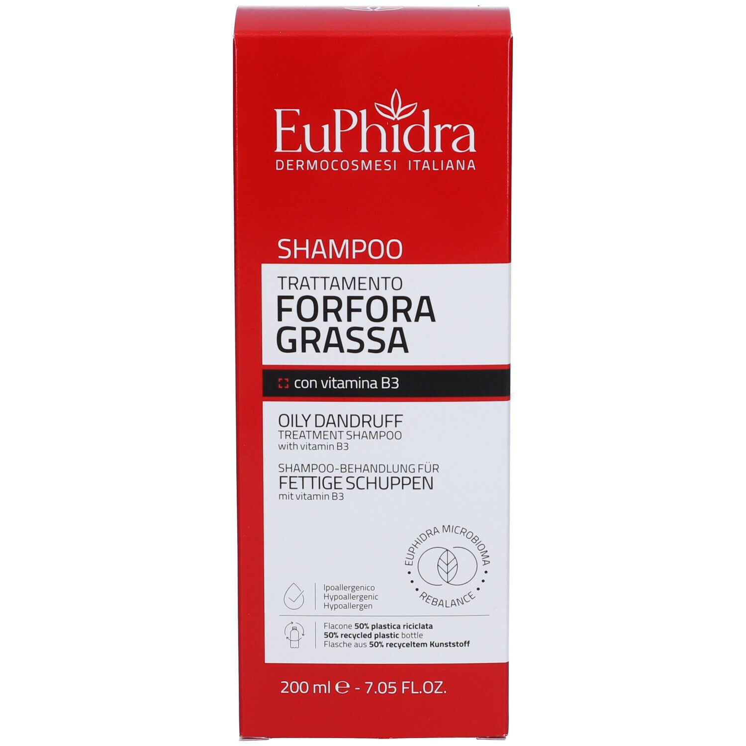 Scatola rossa con informazioni sul prodotto. Shampoo Euphidra per forfora grassa. 200 ml.