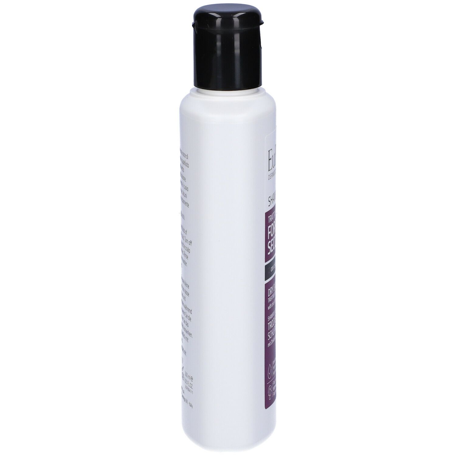 Flacone bianco, tappo nero. Scritta: Euphidra Shampoo, trattamento forfora secca. Contiene lattato di zinco.