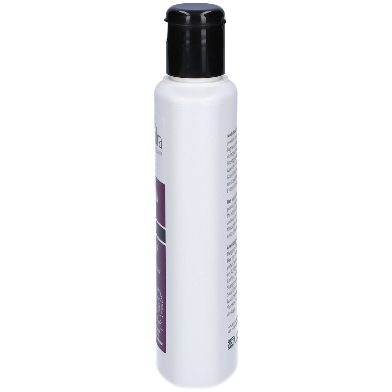 Flacone bianco, tappo nero. Scritta: Euphidra Shampoo, trattamento forfora secca. Contiene lattato di zinco.
