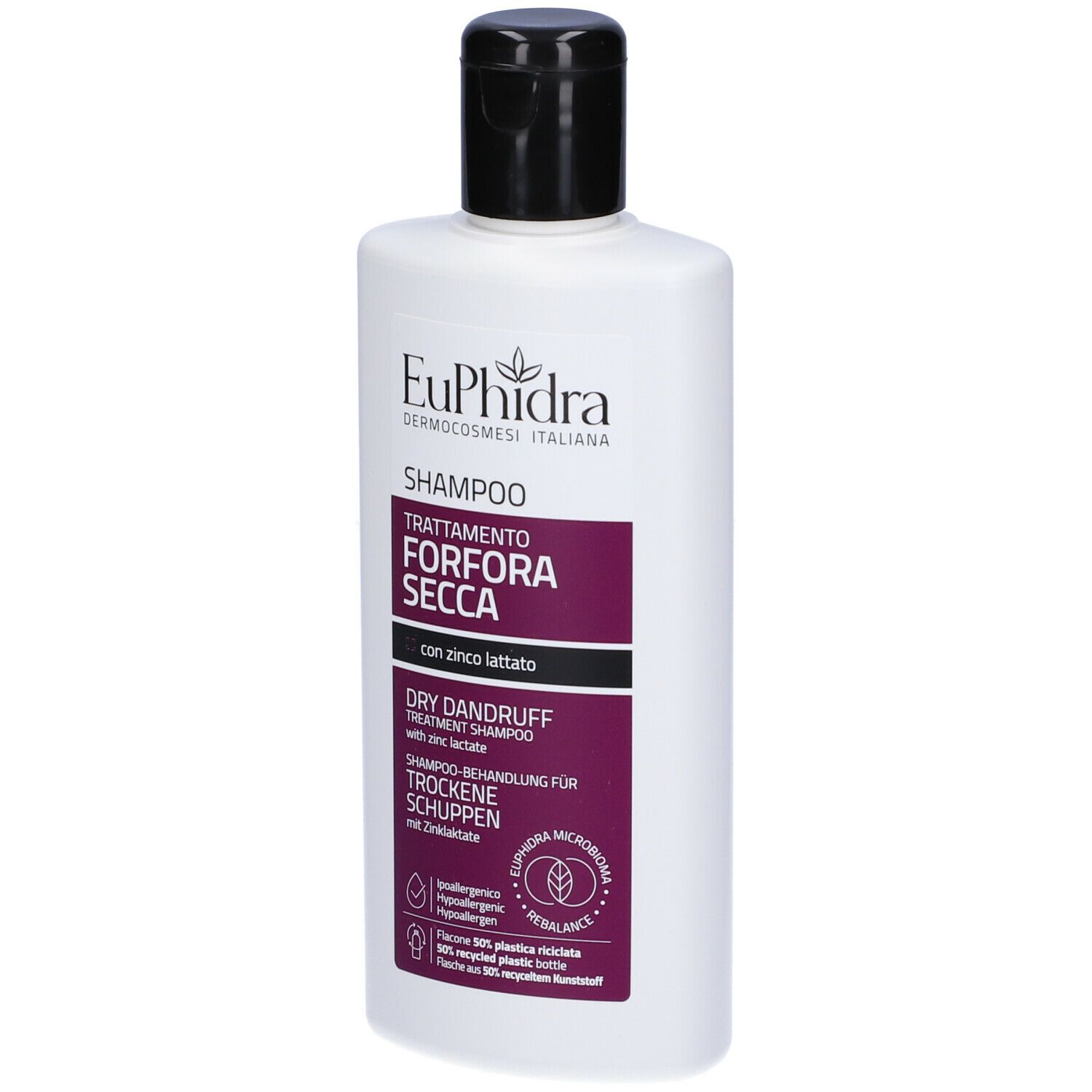Flacone bianco, tappo nero. Scritta: Euphidra Shampoo, trattamento forfora secca. Contiene lattato di zinco.