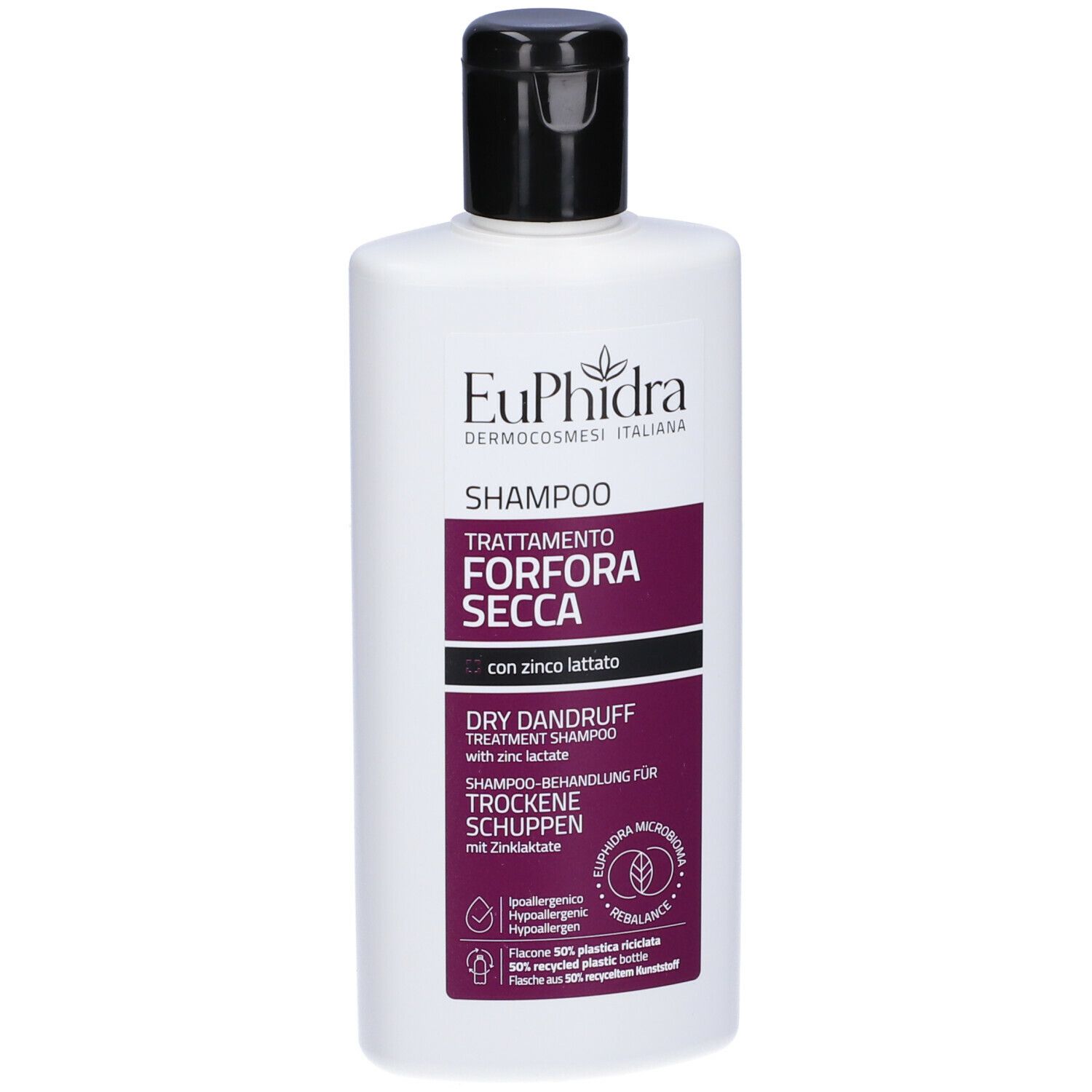 Flacone bianco, tappo nero. Scritta: Euphidra Shampoo, trattamento forfora secca. Contiene lattato di zinco.