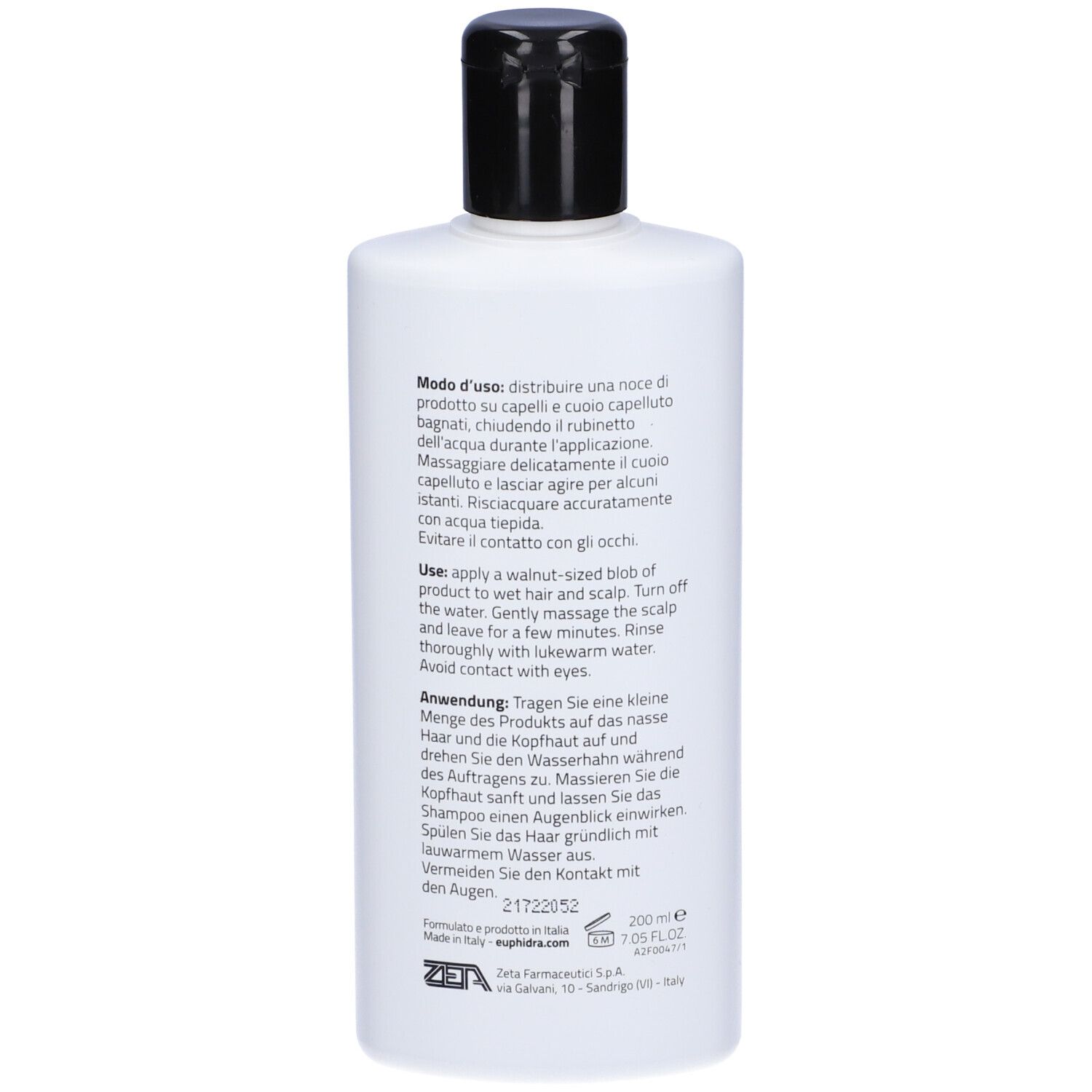 Weiße Flasche mit schwarzem Verschluss, 200 ml.