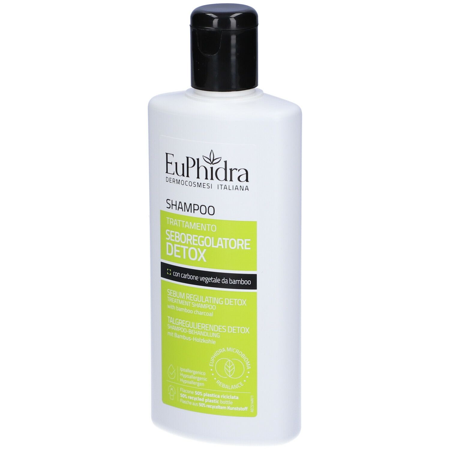 Weiße Shampoo-Flasche mit schwarzem Klappdeckel. Etikett mit 'EuPhidra Shampoo Sebo-Regolatore Detox' und Bambuskohle-Symbol.