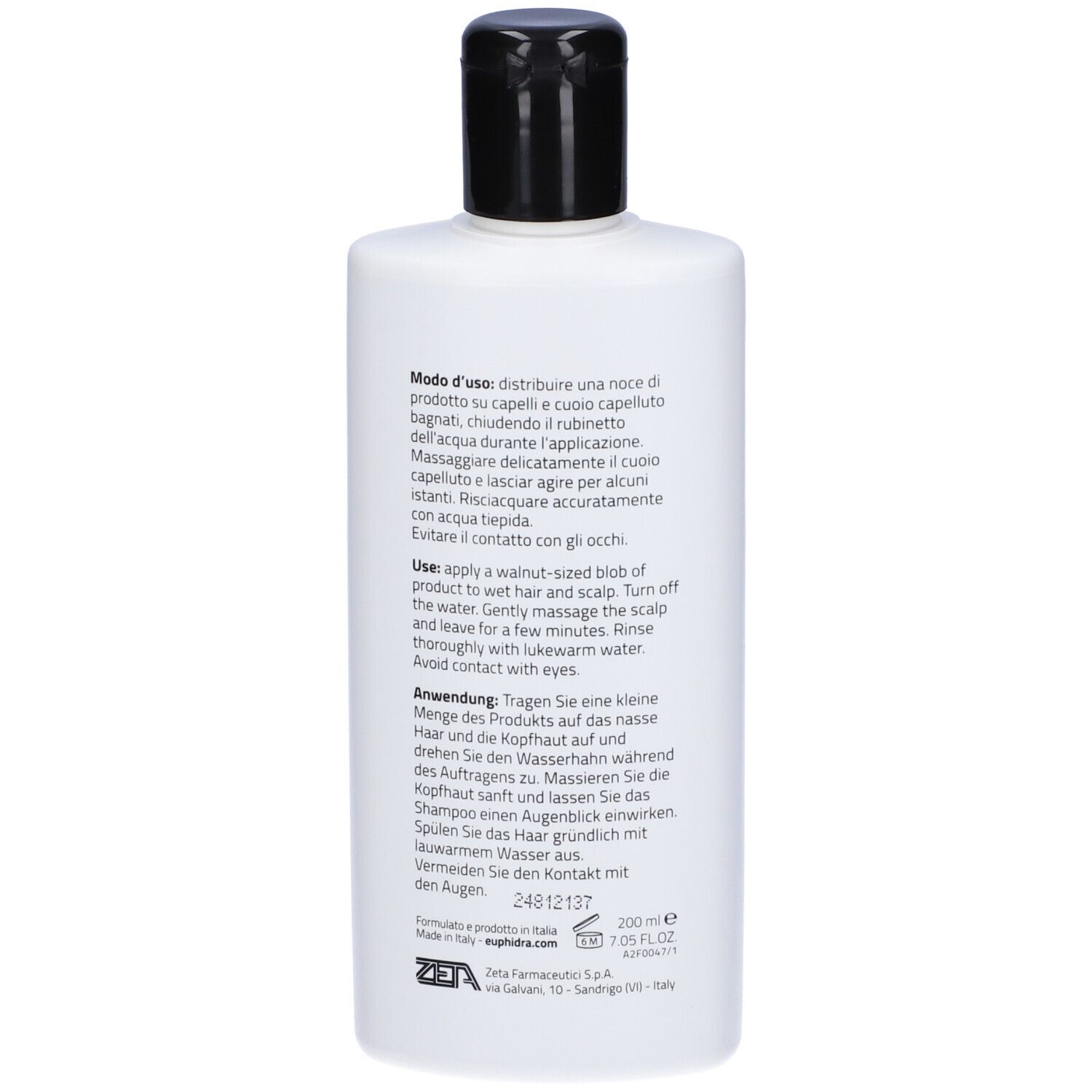 Weiße Flasche mit schwarzem Verschluss, 200 ml Inhalt.